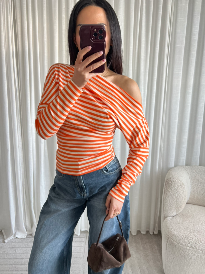 One shoulder striped top orange