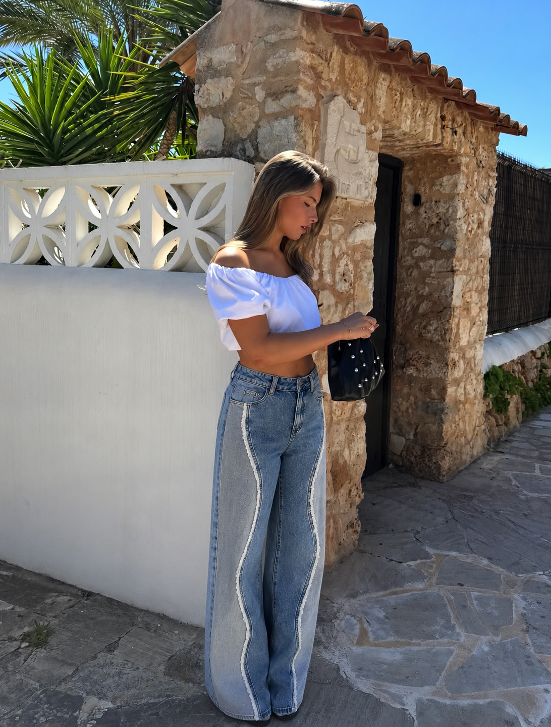 Wave ruffle straight leg jeans