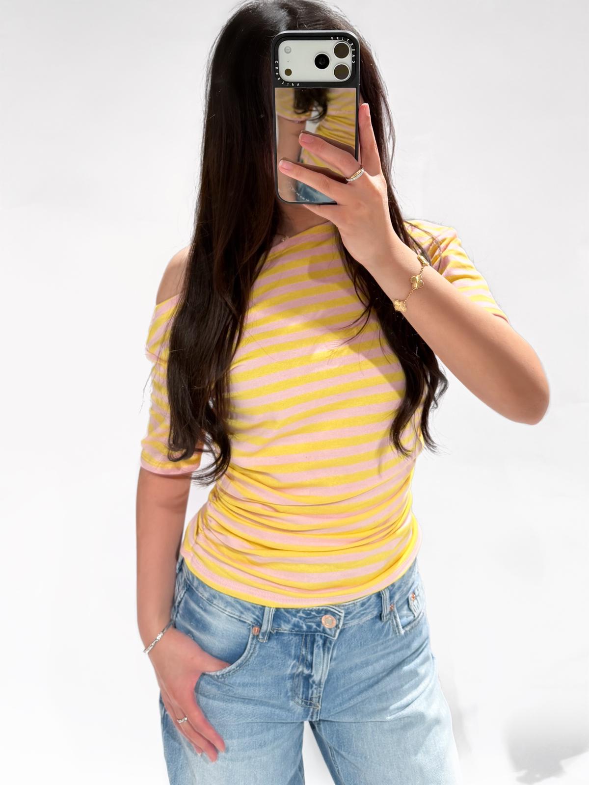 Casual stripe top geel roze