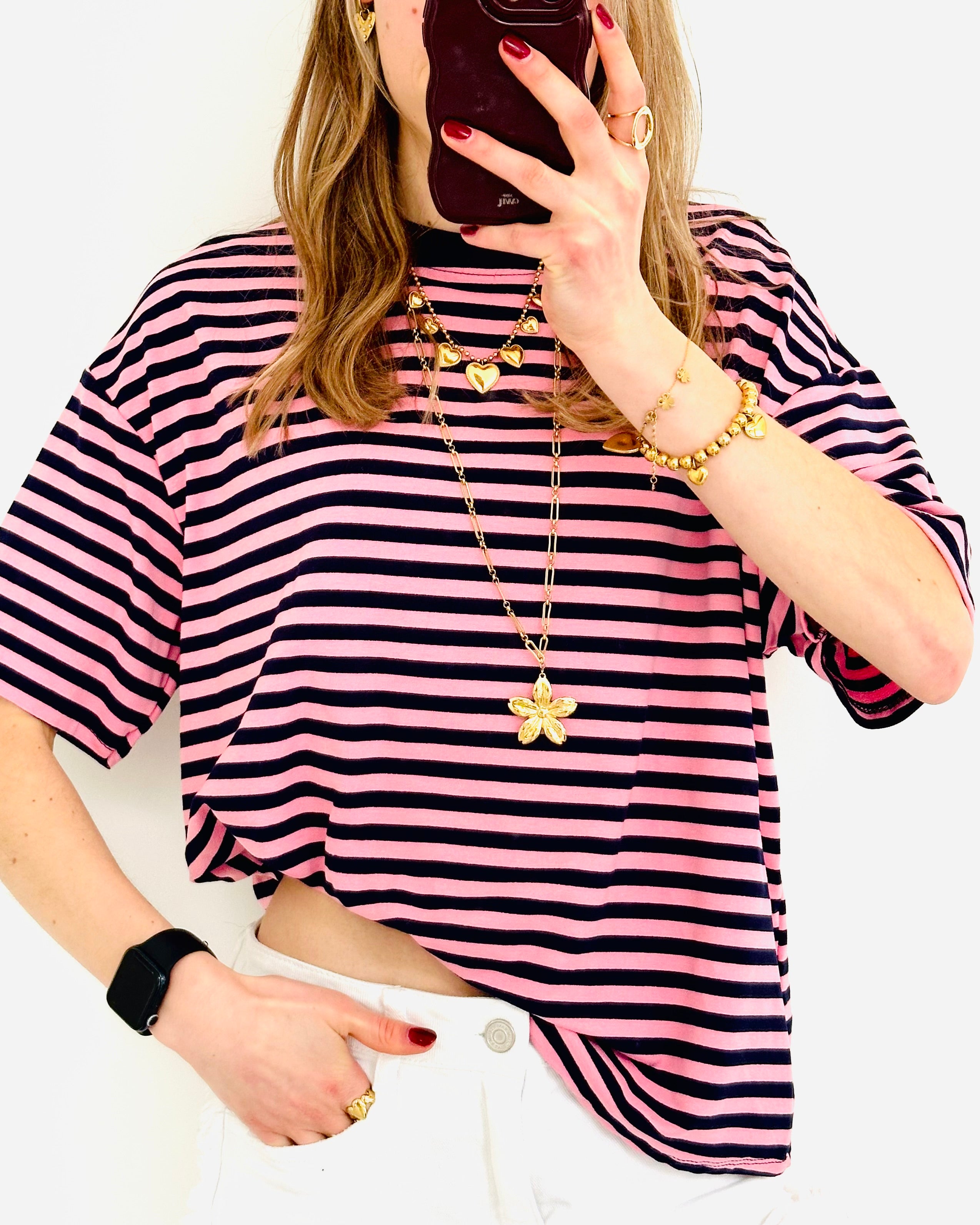 Casual stripe shortsleeve navy pink