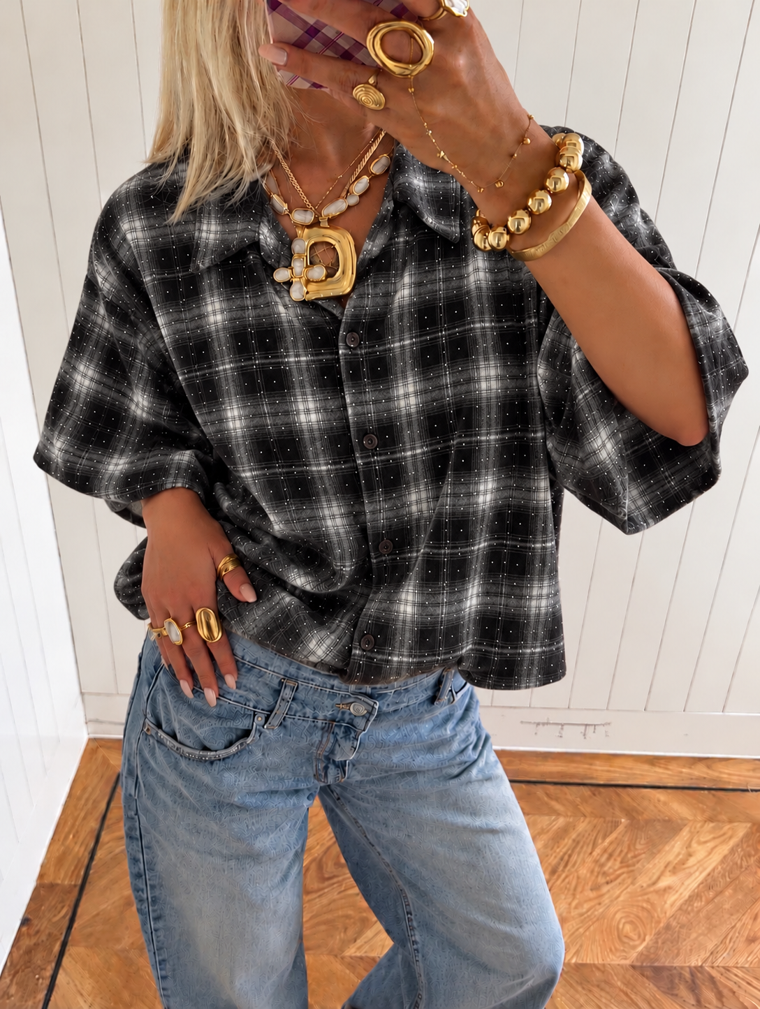 Cleo Sparkle Check Blouse zwart