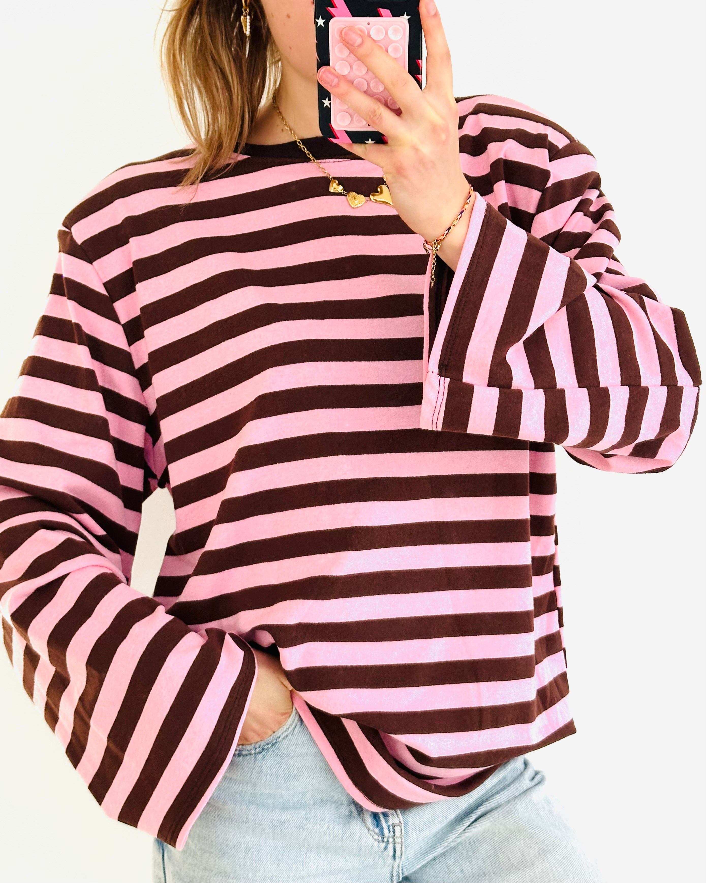Casual stripe longsleeve roze bruin