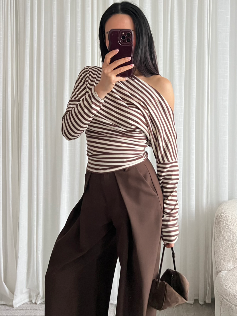 One shoulder striped top brown