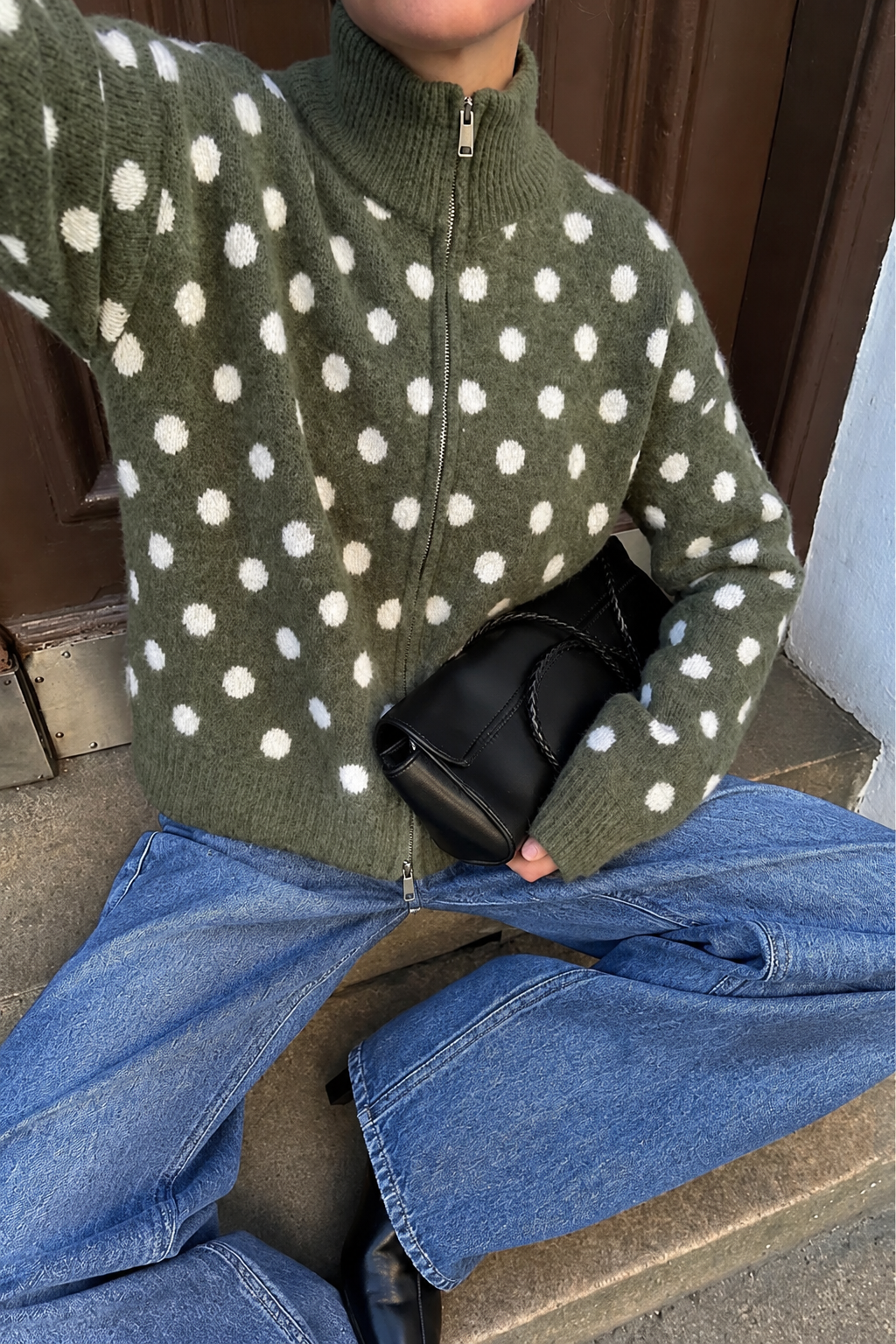 Polka dots Zip Knit khaki