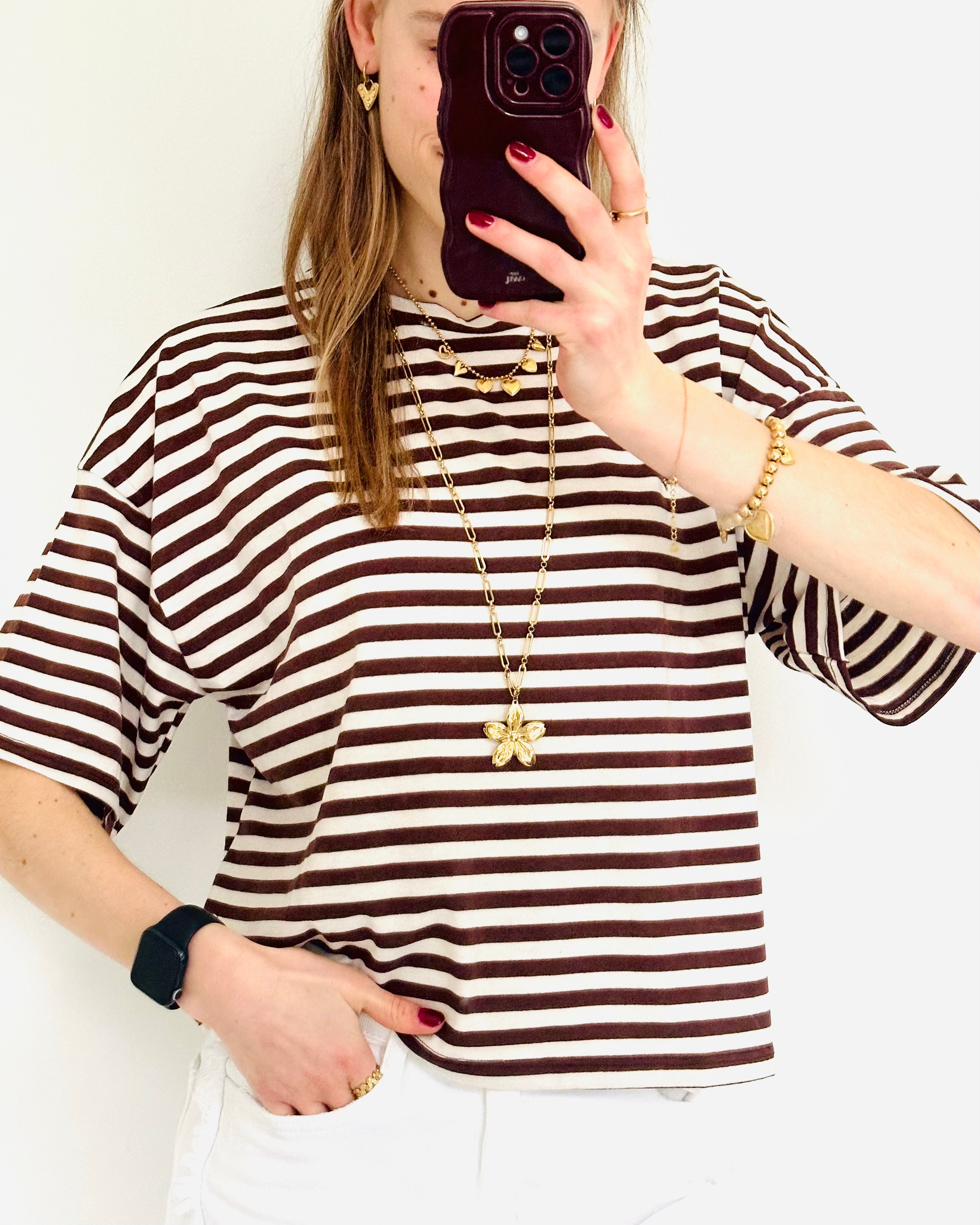 Shortsleeve stripe top bruin wit