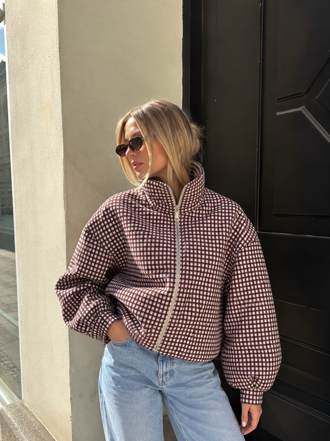 Mila Checkered Bomber Jacket bordeaux