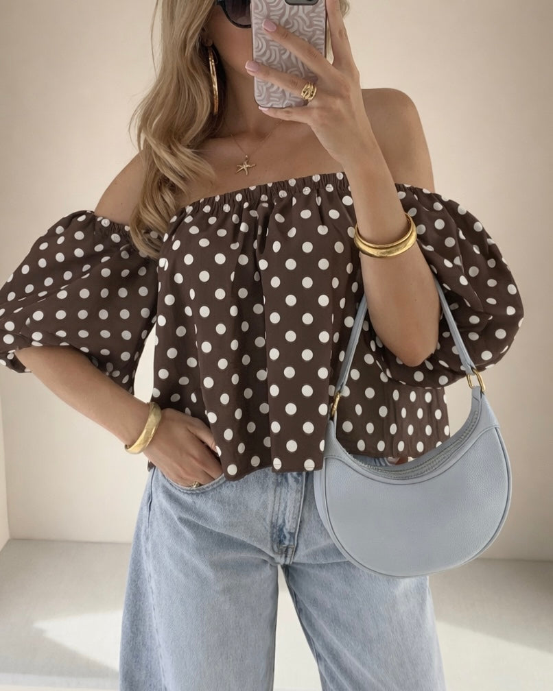 Off shoulder polka dots top brown