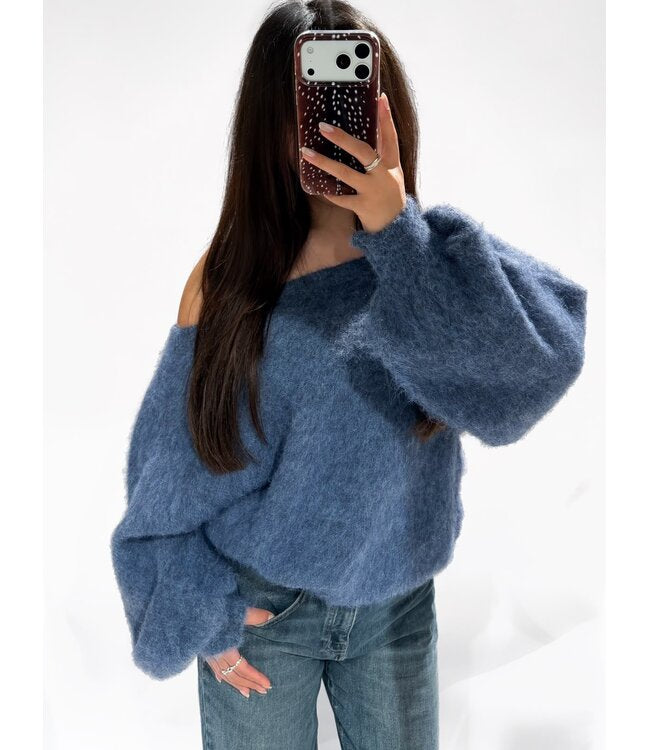 One shoulder trui fluffy denim