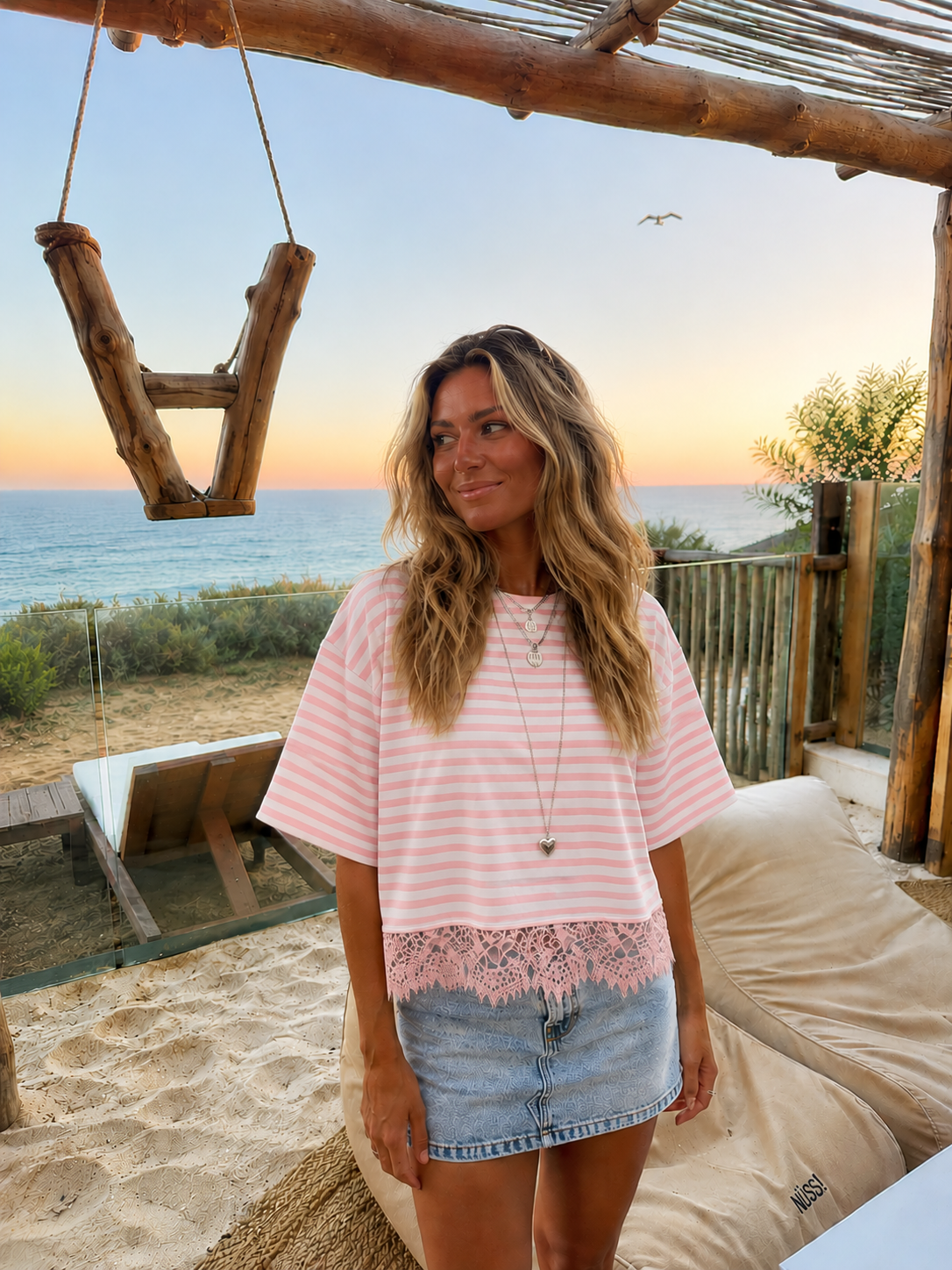 Striped lace shortsleeve pink white