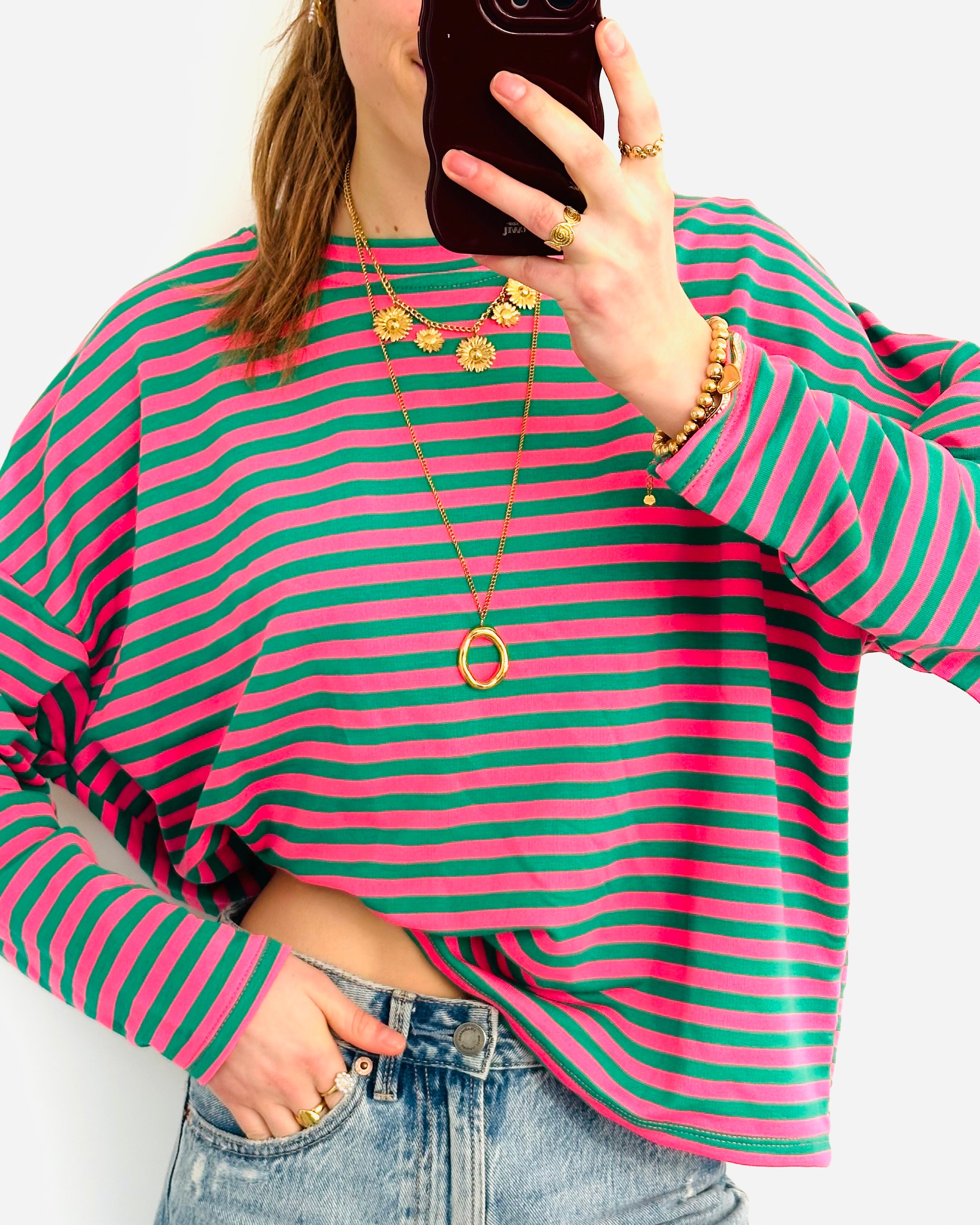 Casual stripe longsleeve green pink