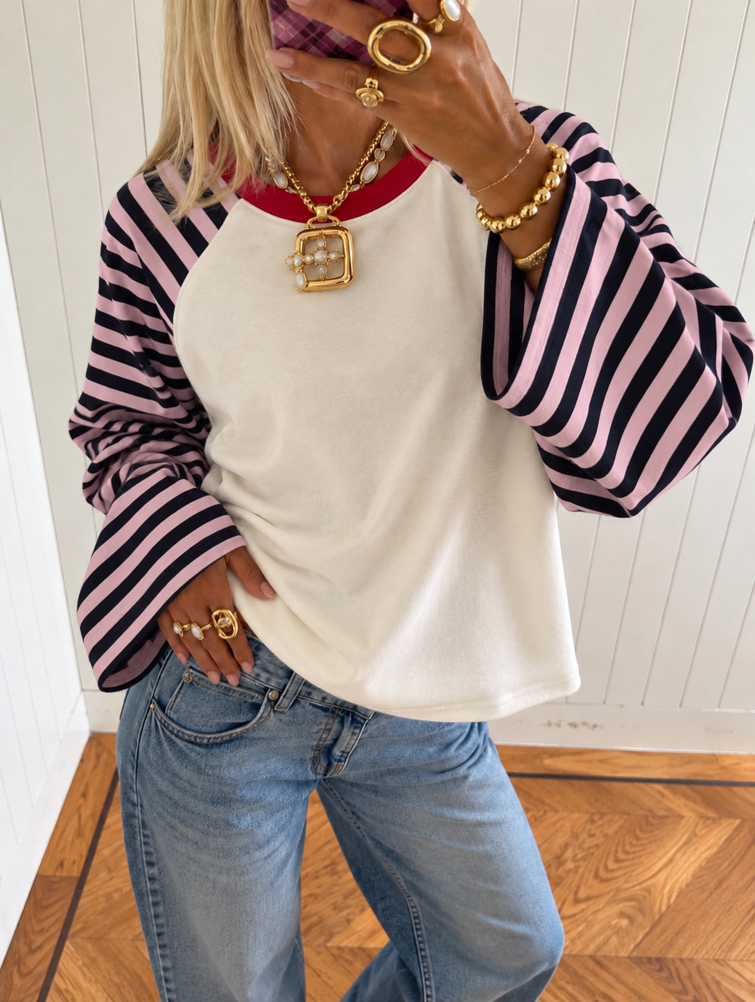 Poppy Striped Sleeve sweatshirt Pink/Navy