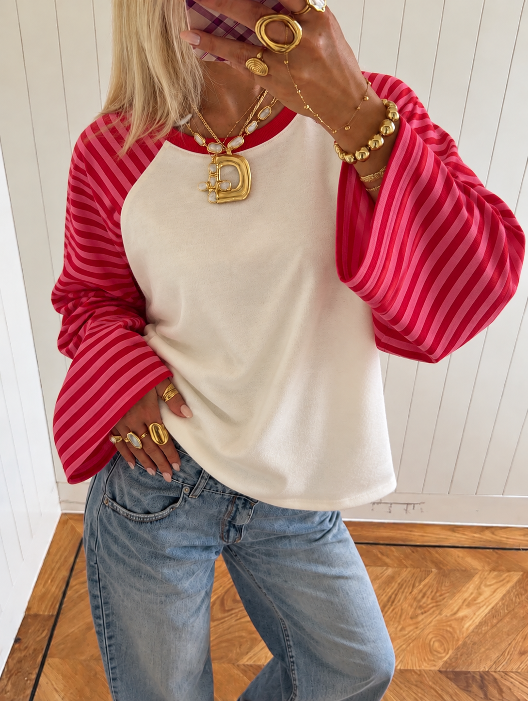 Poppy Striped Sleeve sweatshirt Pink/Red
