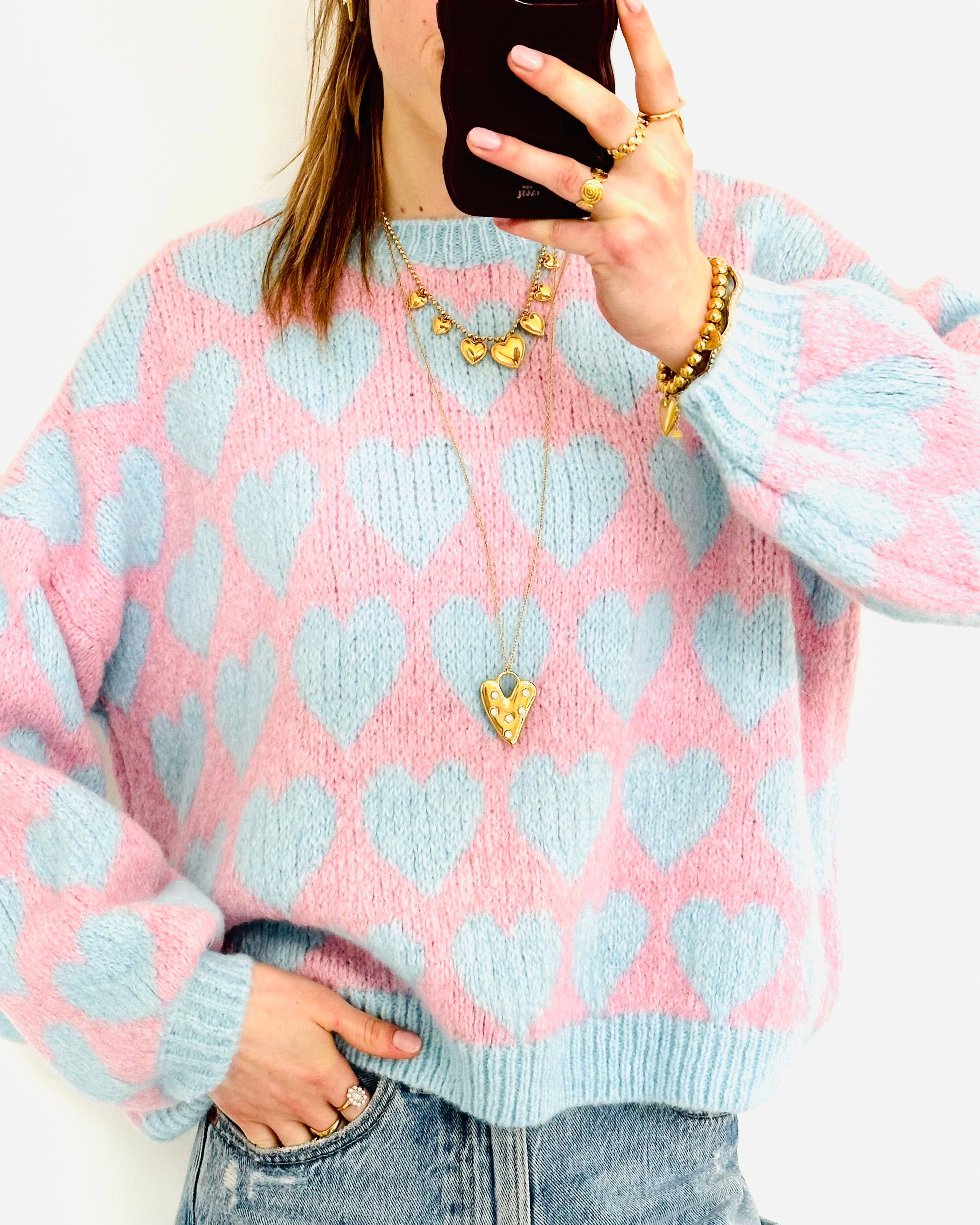 Comfy trui hearts blue pink