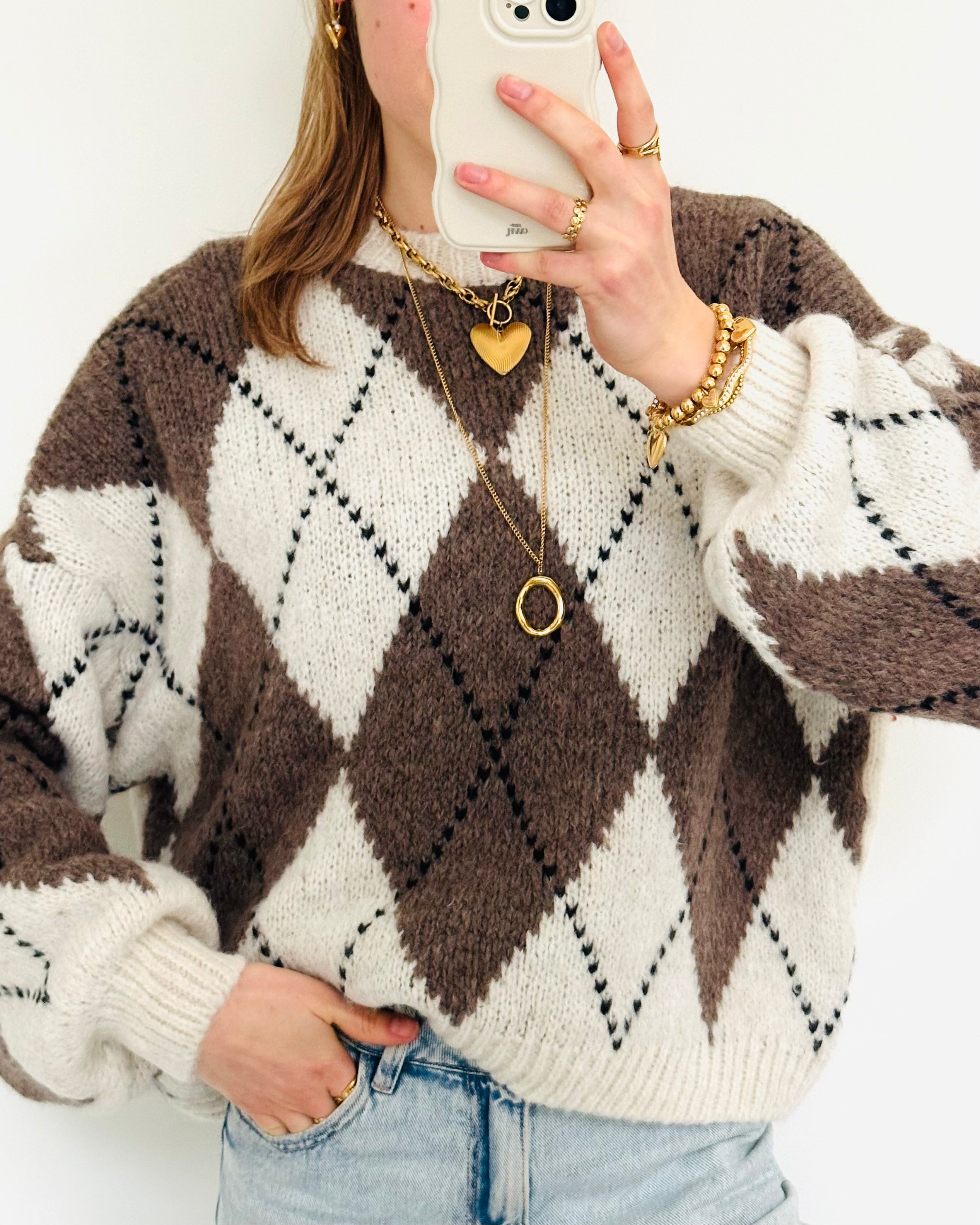 Geruite sweater taupe