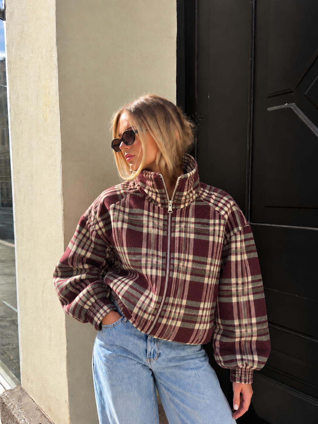 Hailey Checkered Blouse Jacket - Bordeaux