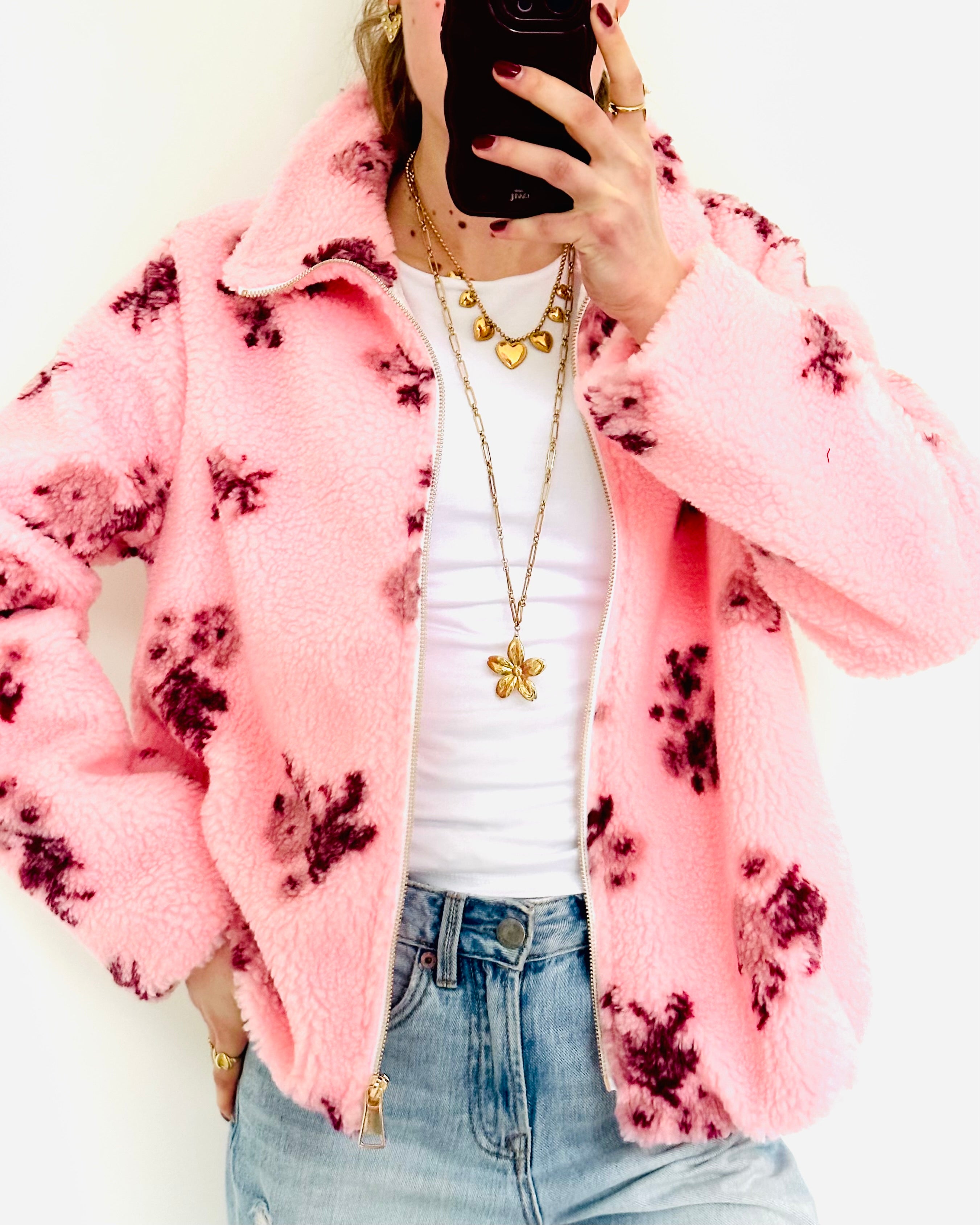 Limited teddy flower jacket roze bordeaux