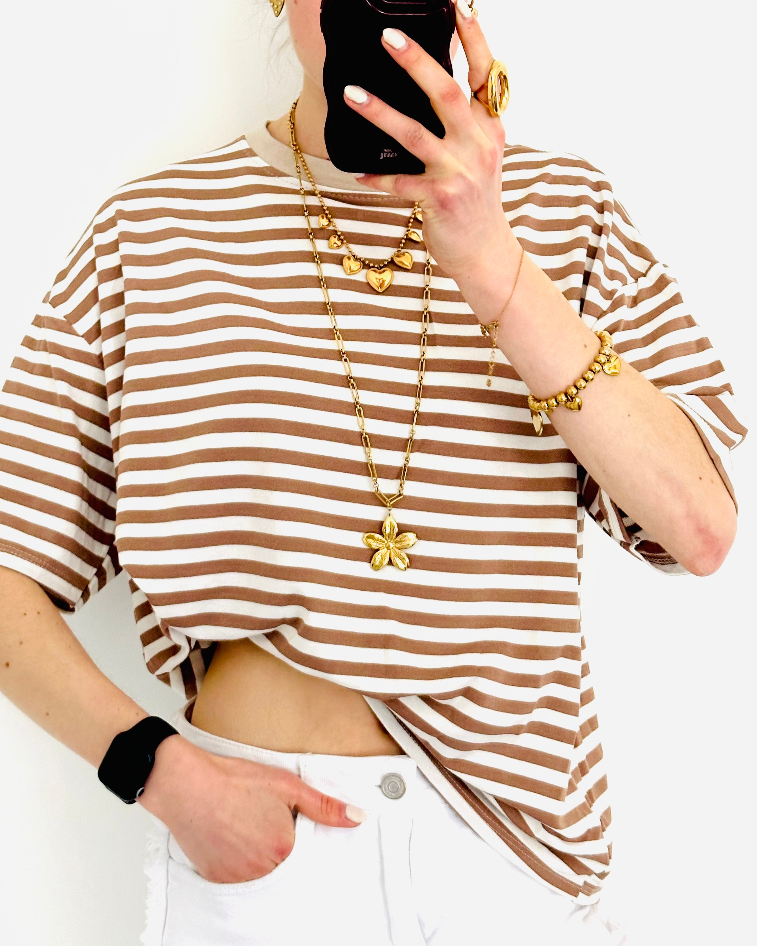 Casual stripe shortsleeve taupe white