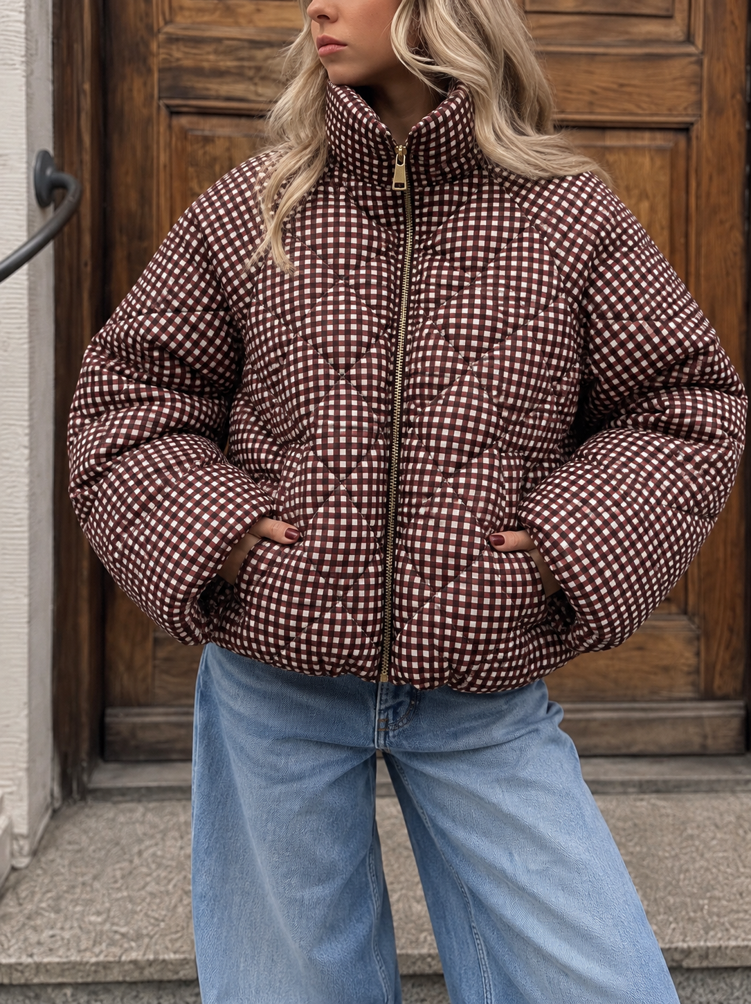 Mila Checkered Puffer Jacket bordeaux