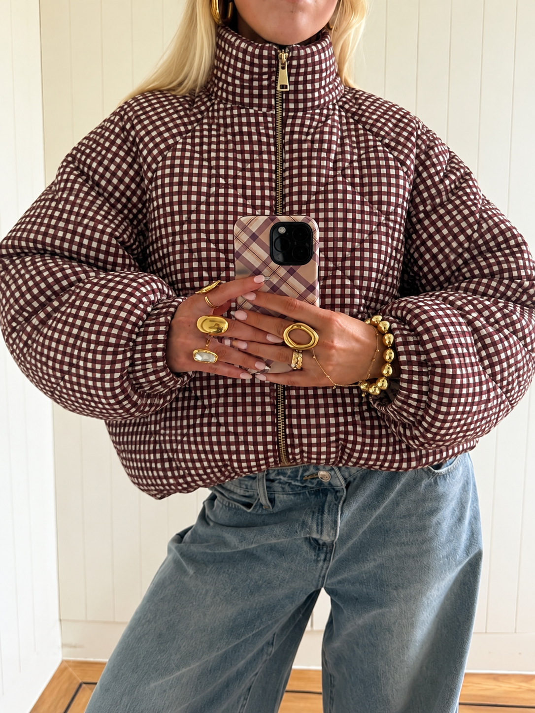 Mila Checkered Puffer Jacket bordeaux