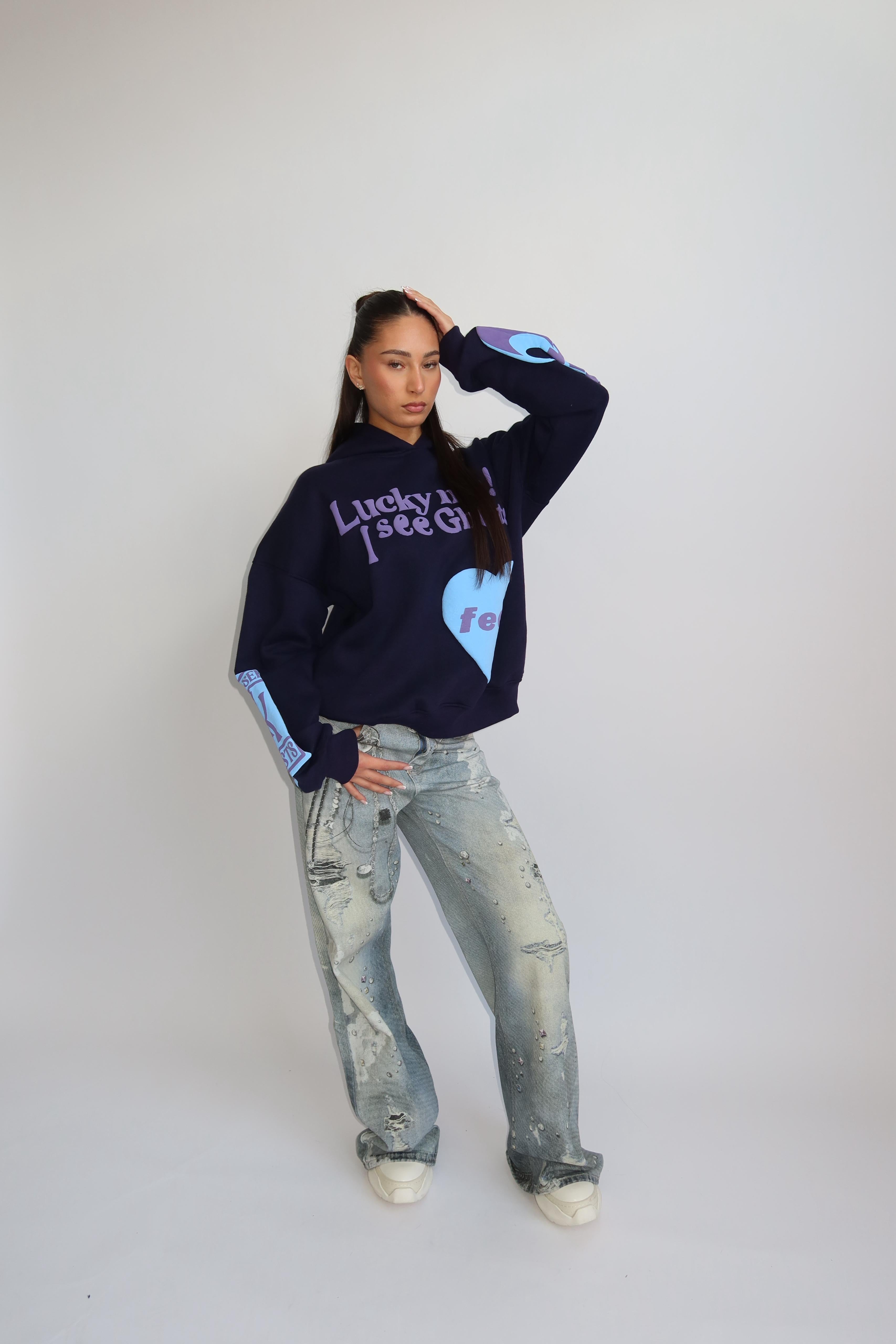 Lucky me hoodie navy purple