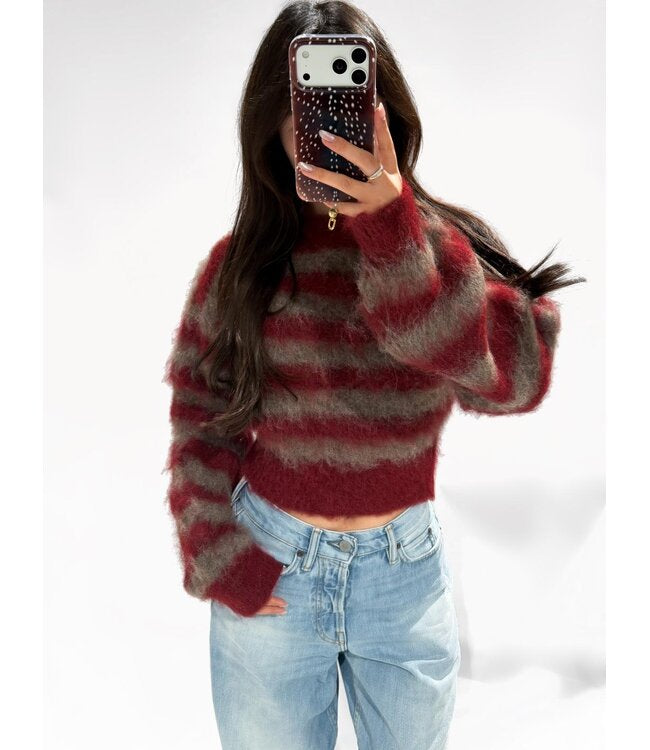 Mila Fluffy trui striped Bordeaux brown