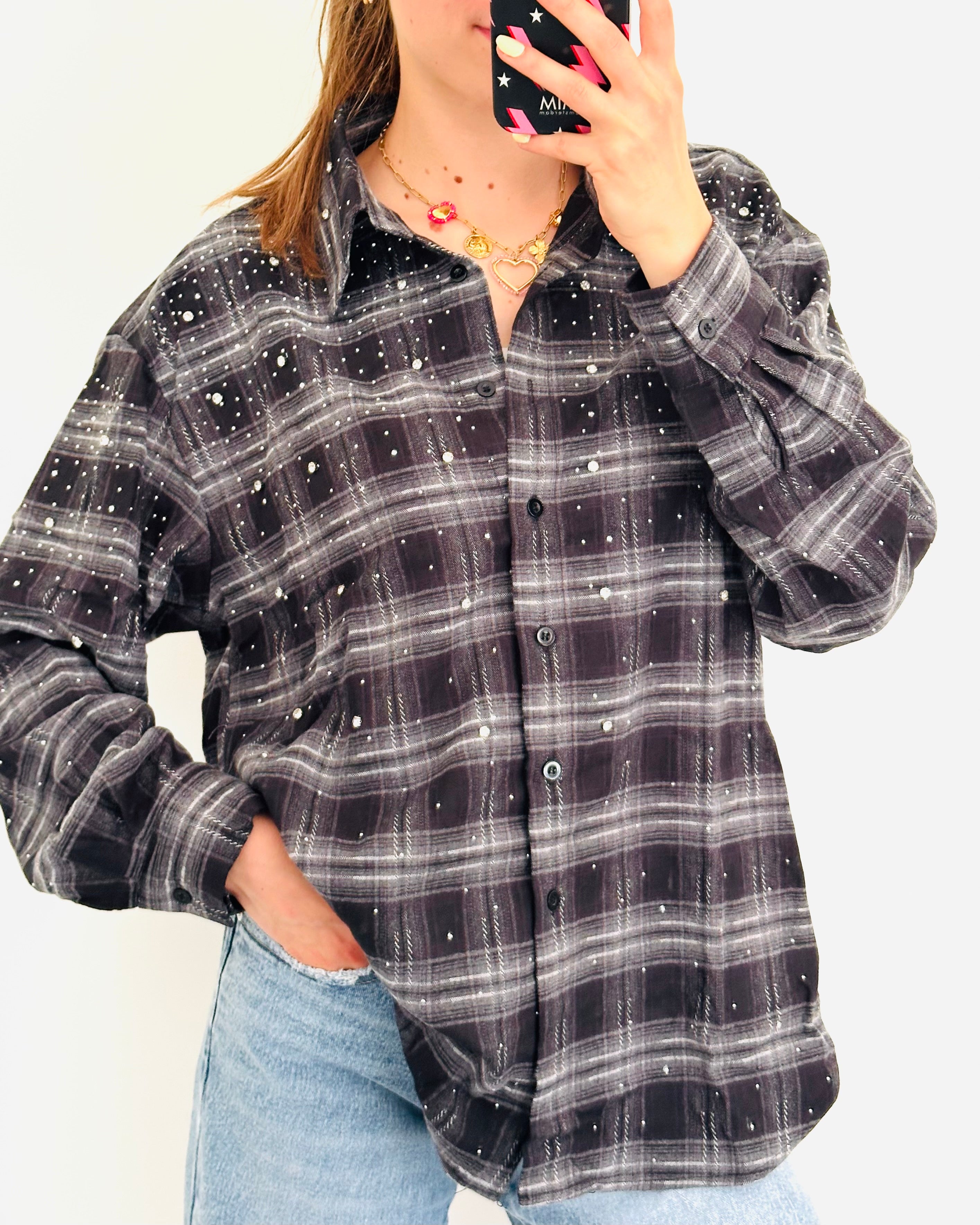 Limited glitter blouse geruit zwart
