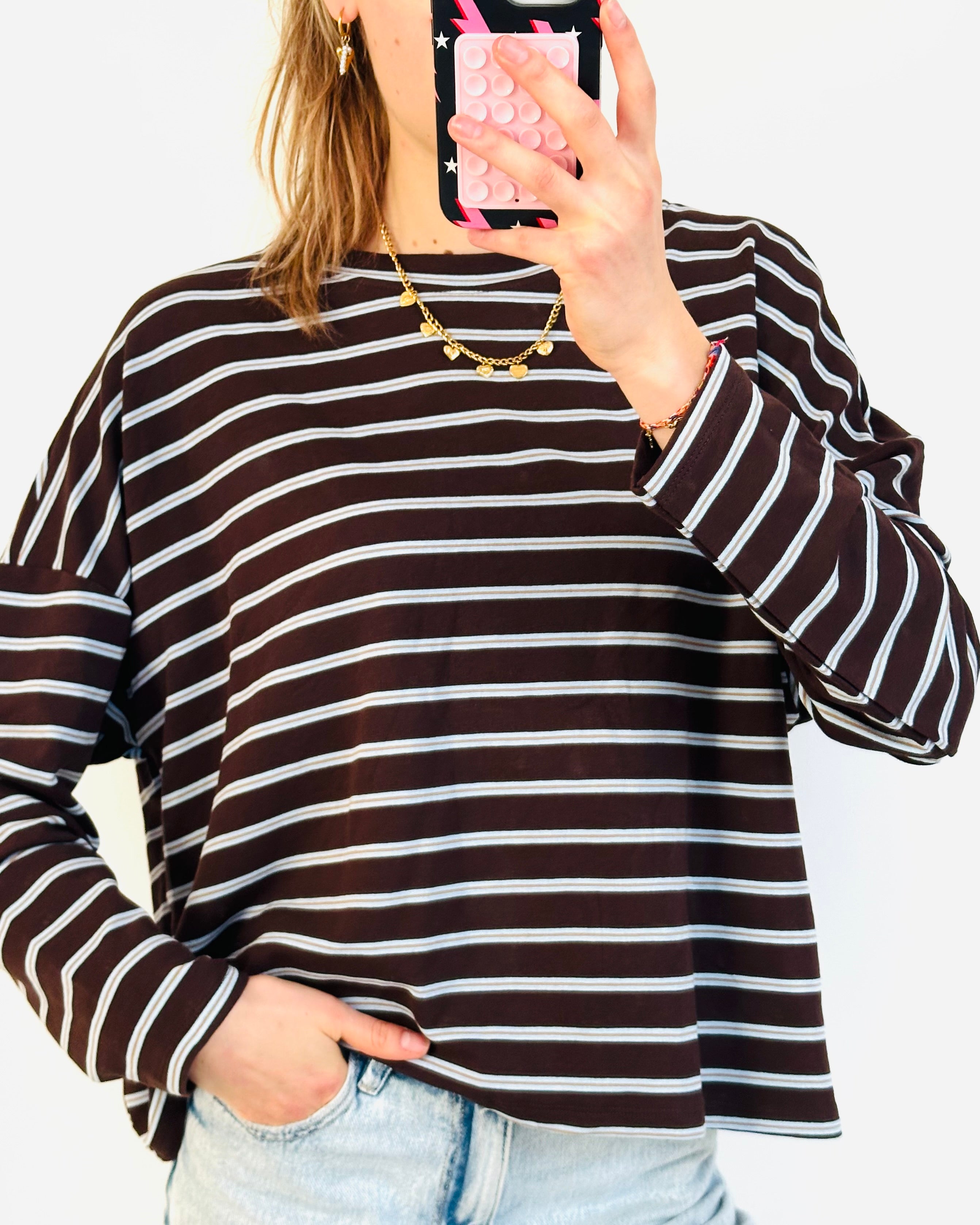 Casual stripe longsleeve bruin lichtblauw
