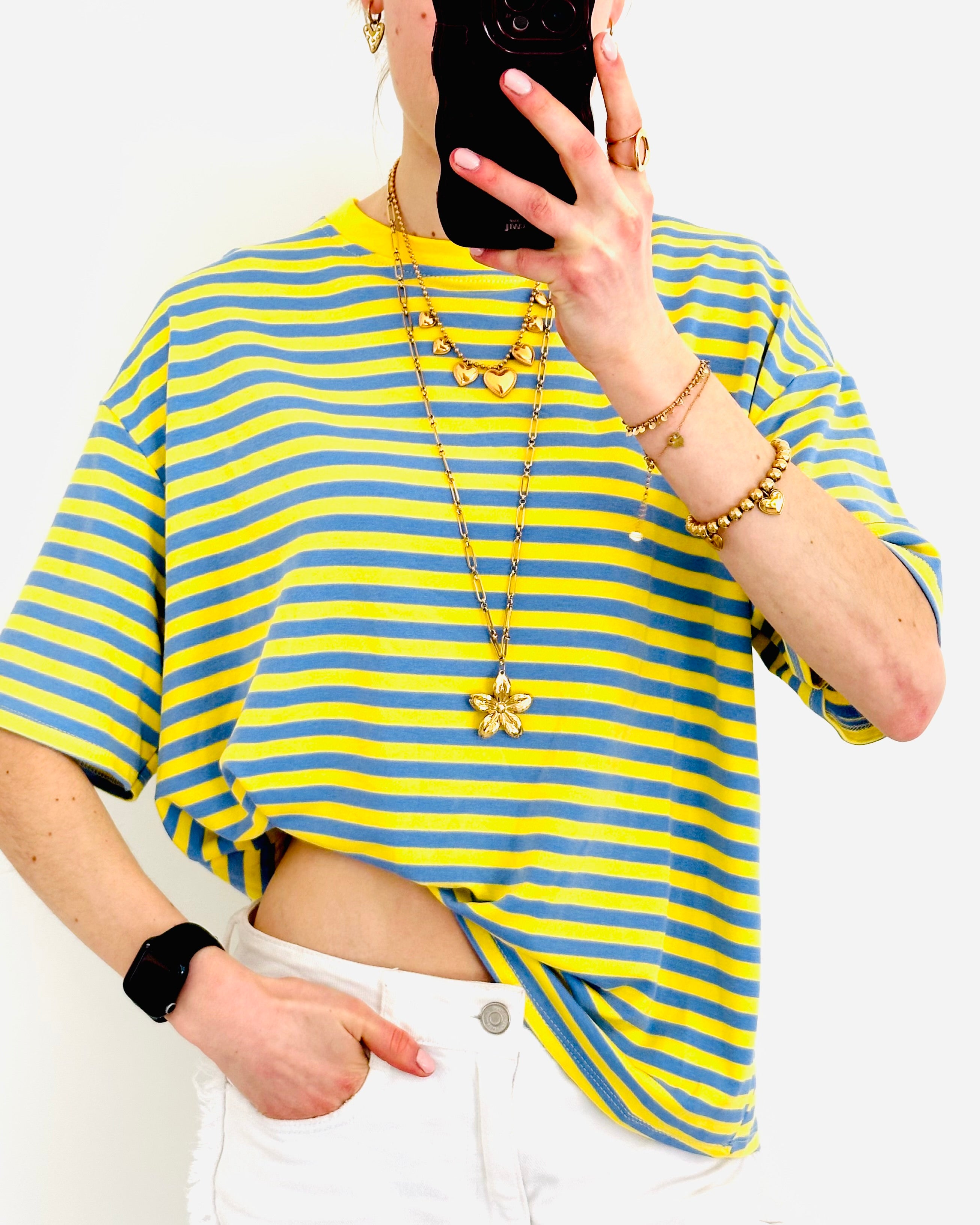 Casual stripe shortsleeve denim geel