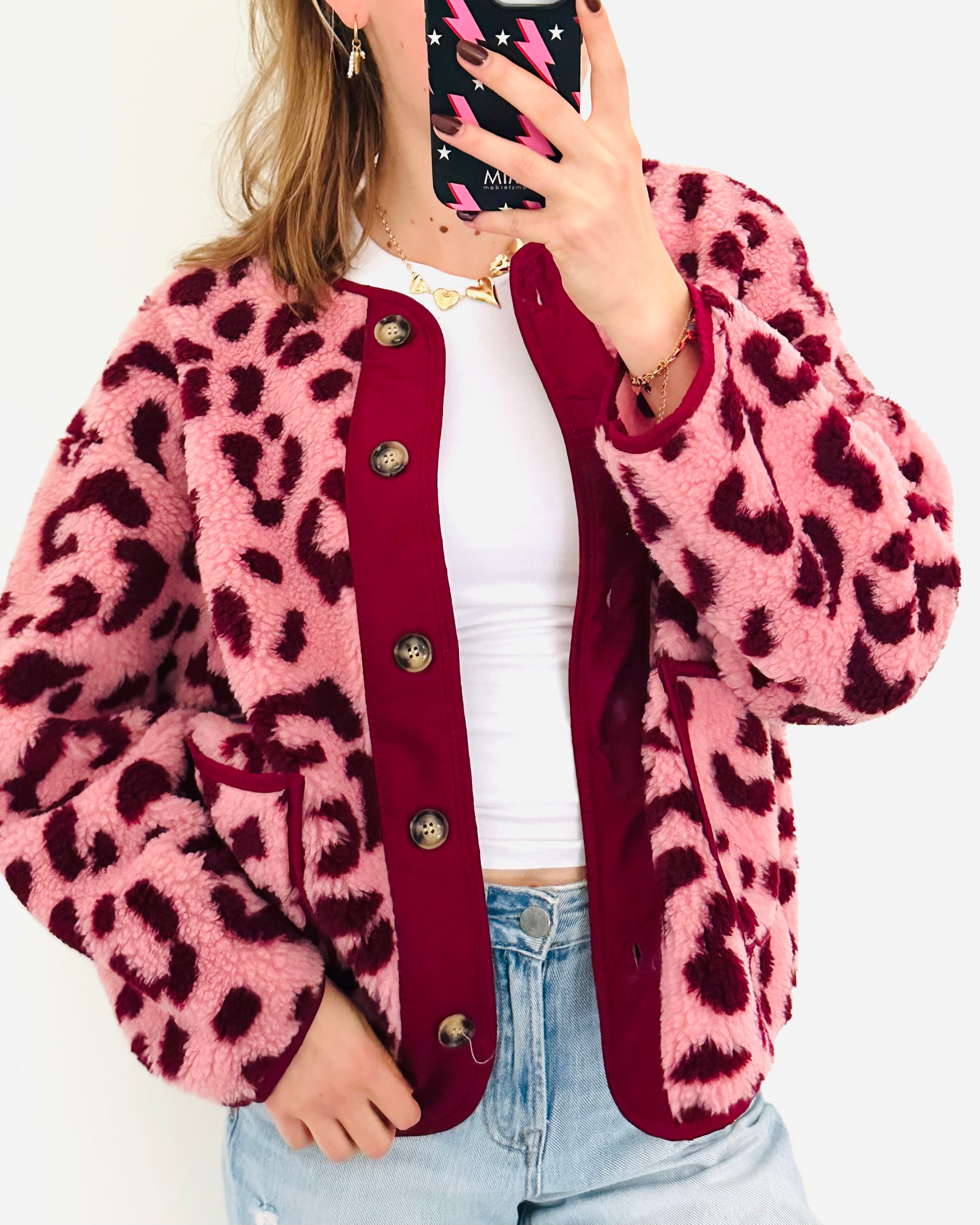 Teddy jacket panter roze bordeaux