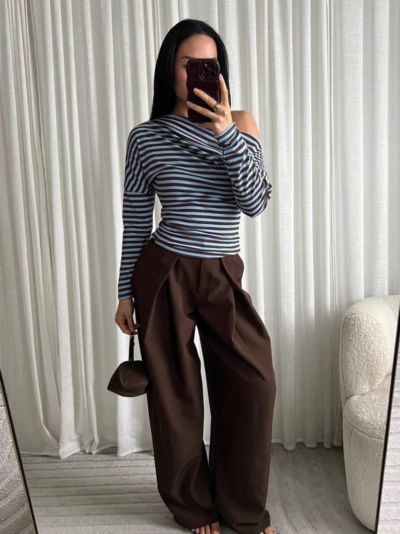 One shoulder striped top blue brown