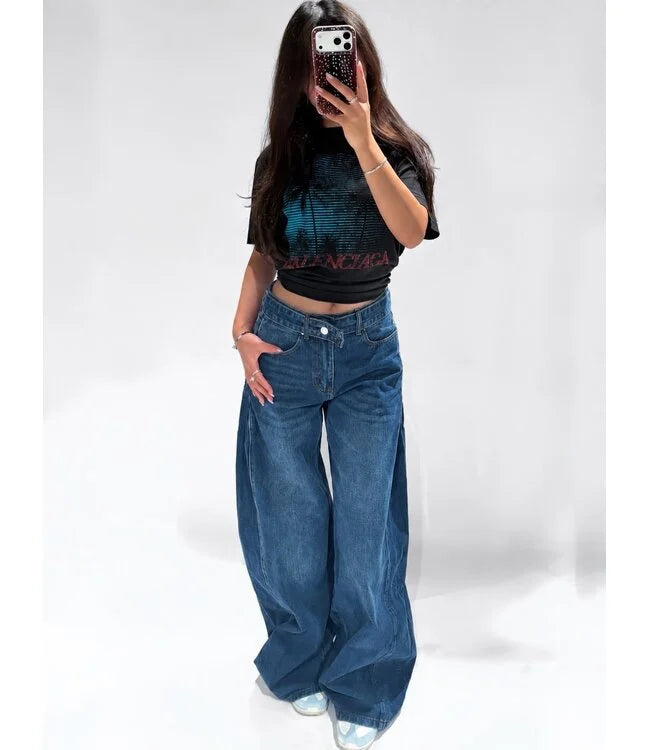 Redefined belted wide leg dark blue