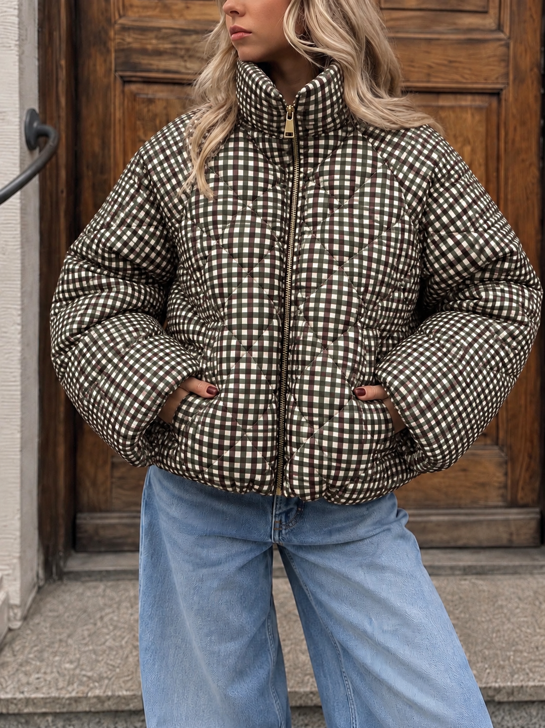 Mila Checkered Puffer Jacket khaki brown