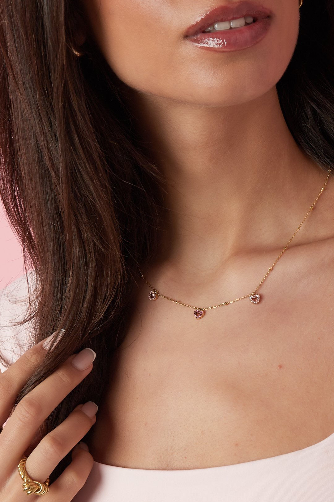 Triple heart ketting shimmer goud roze