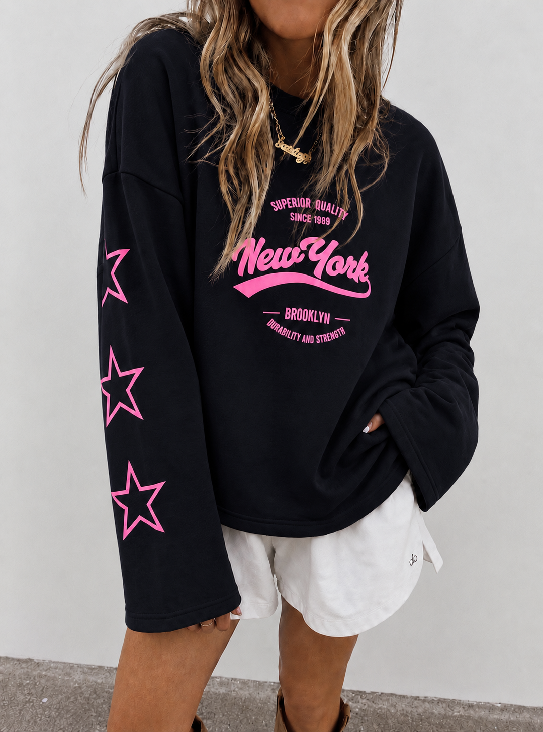 NYC star sweatshirt navy pink