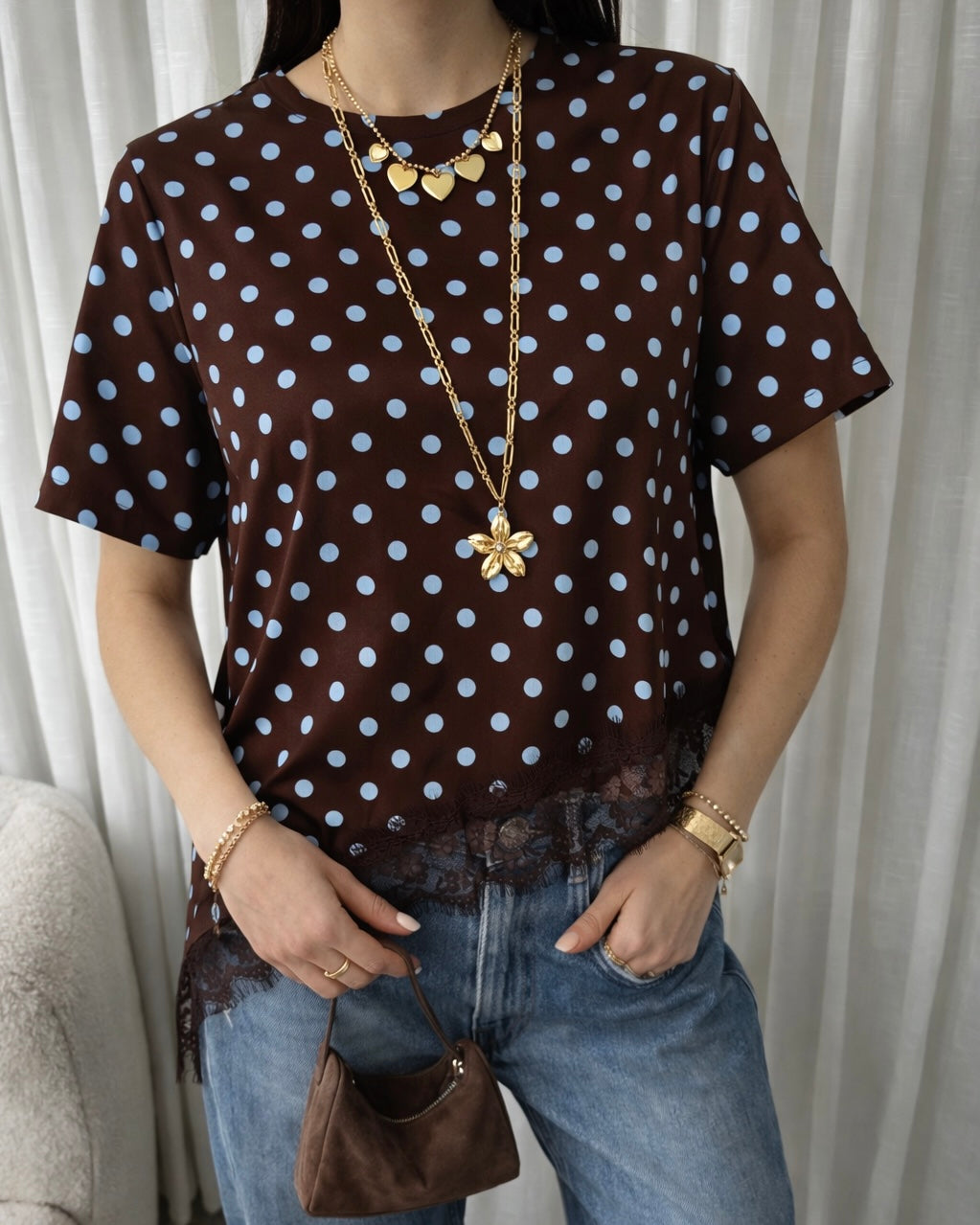 Lace shortsleeve dots brown blue