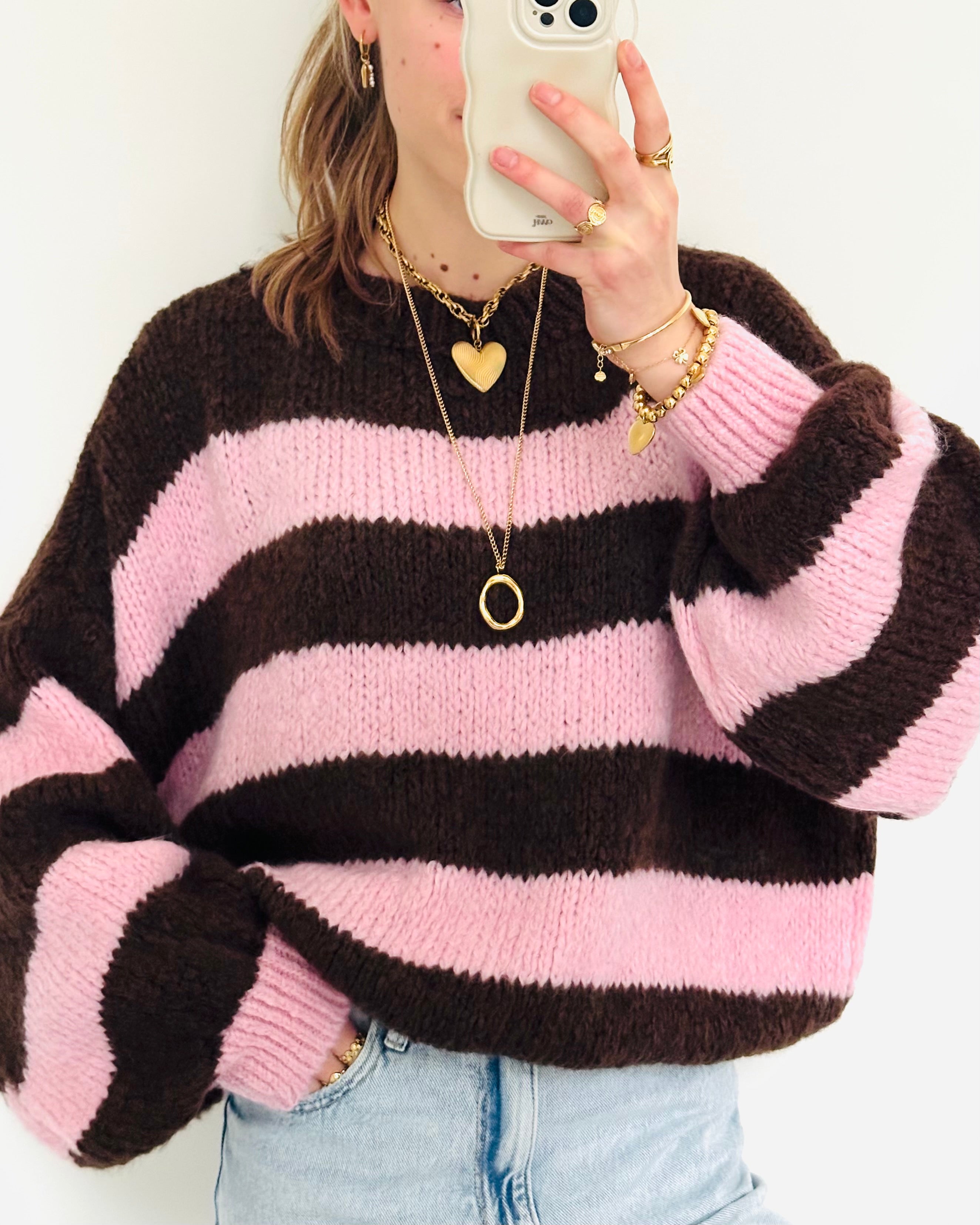 Comfy trui stripe roze bruin