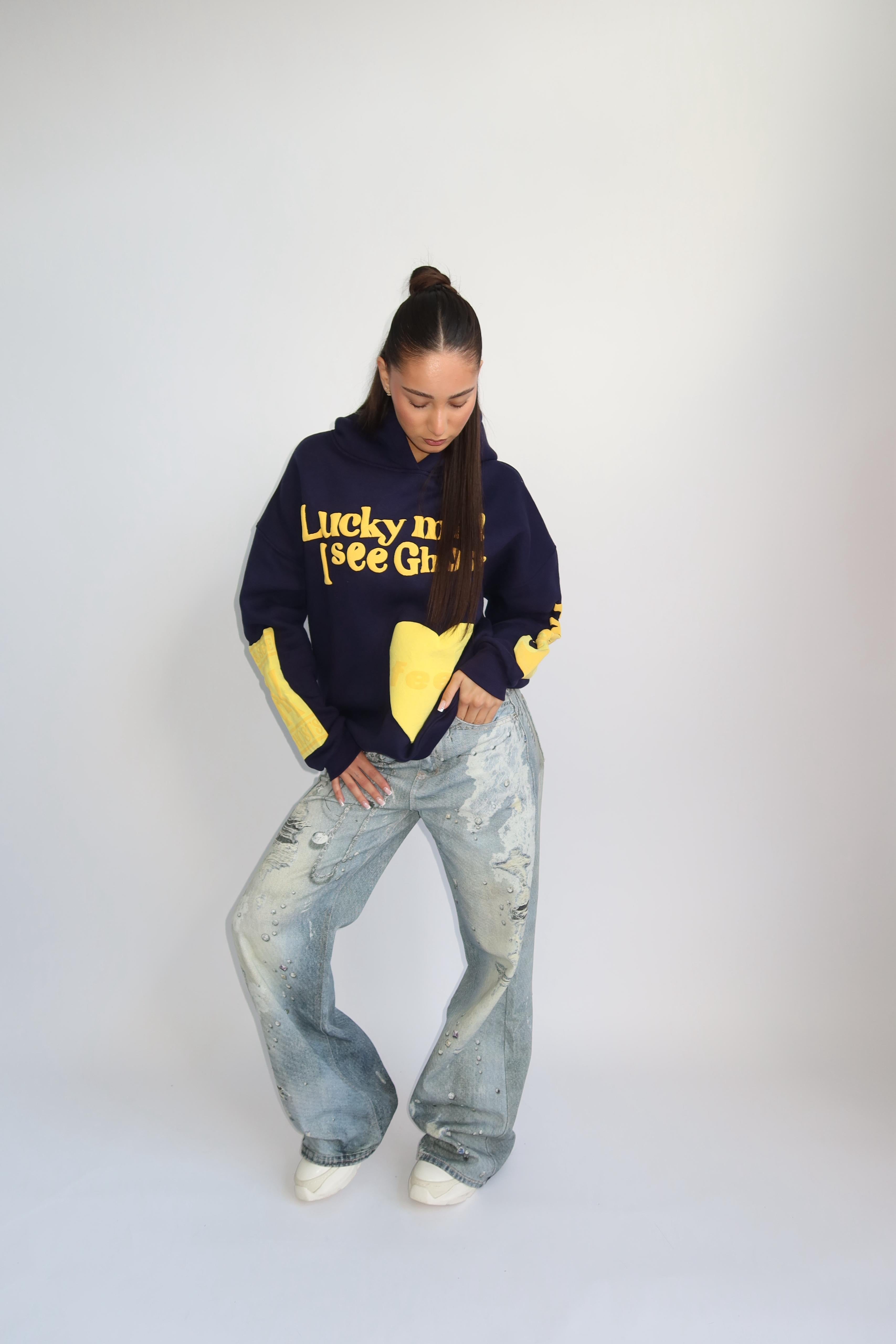 Lucky me hoodie navy yellow