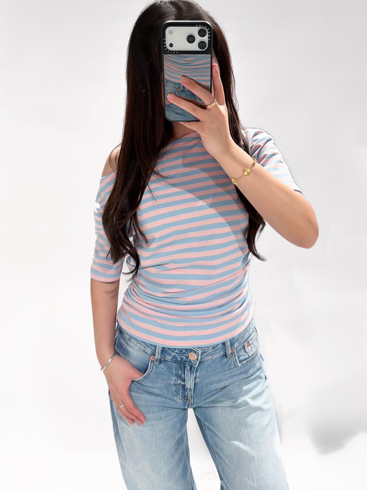 Casual stripe top blauw roze