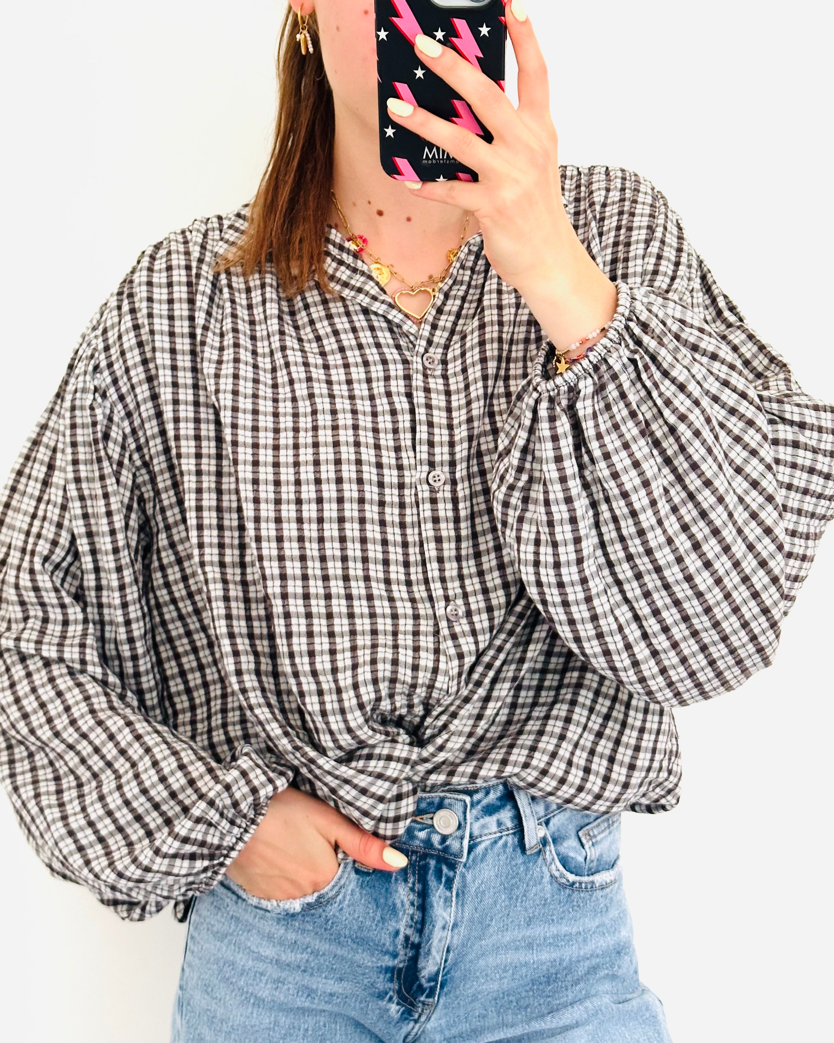 Bali blouse cotton bruin ruit