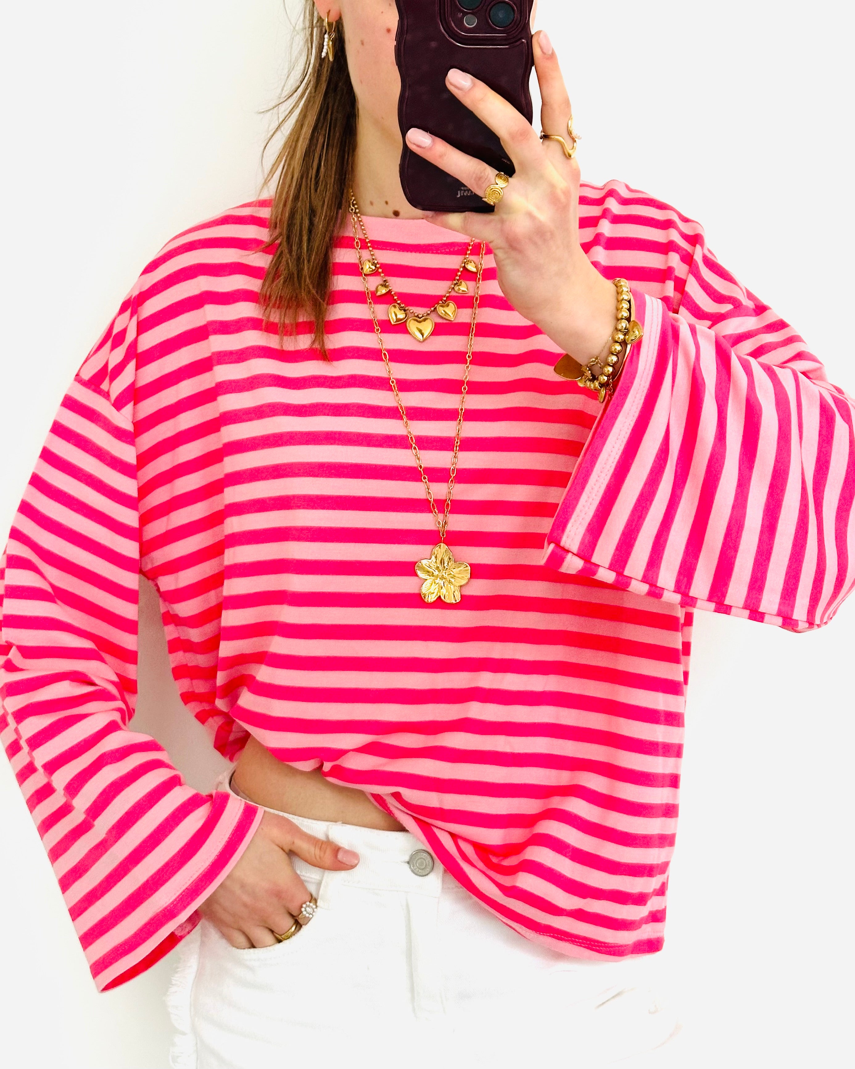 Casual stripe longsleeve roze fuchsia