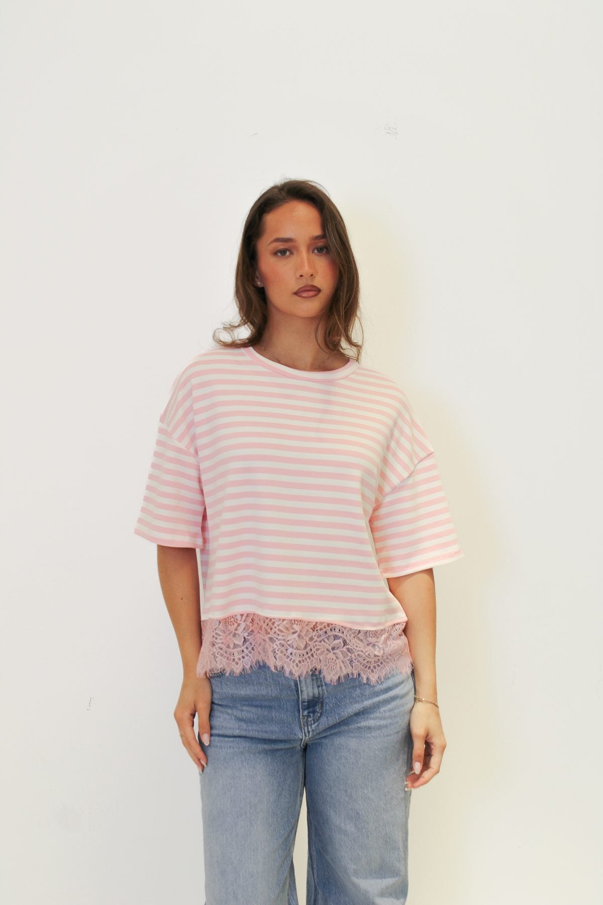 Striped lace shortsleeve pink white