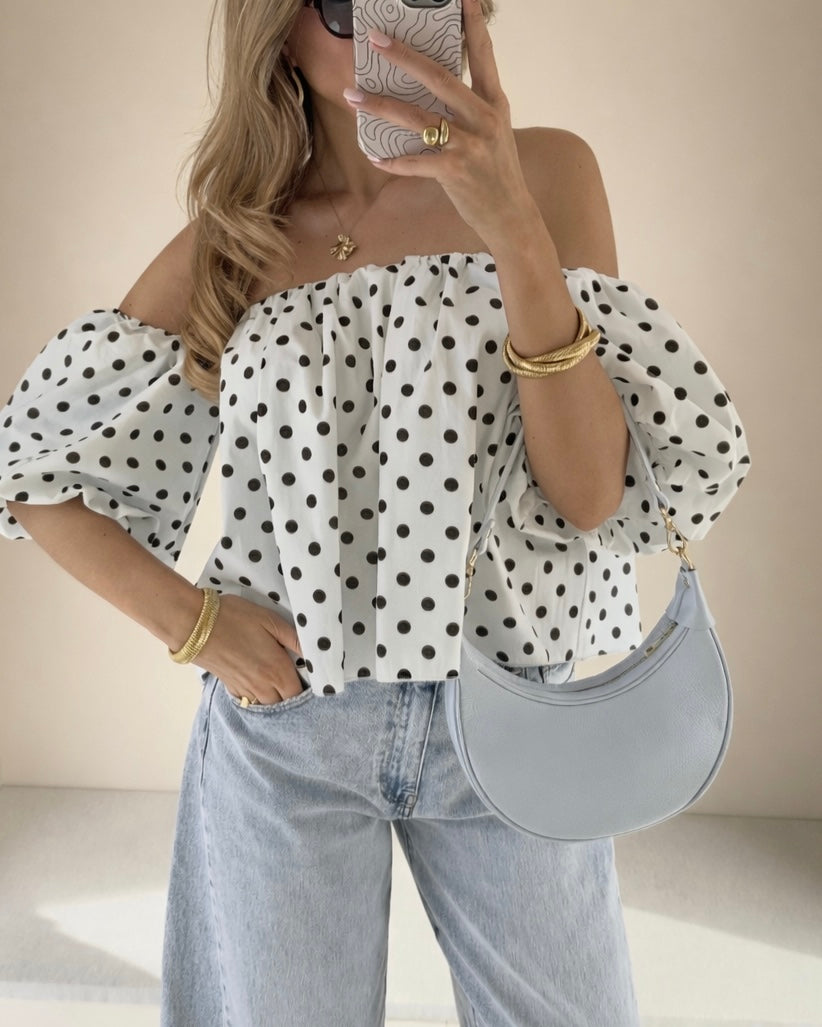 Off shoulder polka dots top white