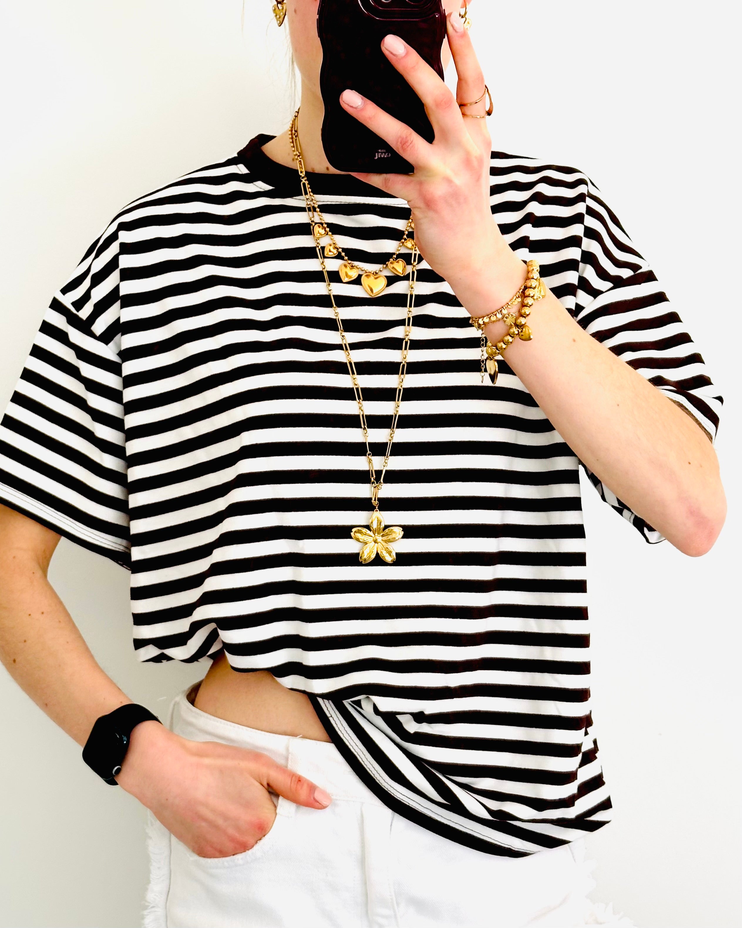 Casual stripe shortsleeve brown white