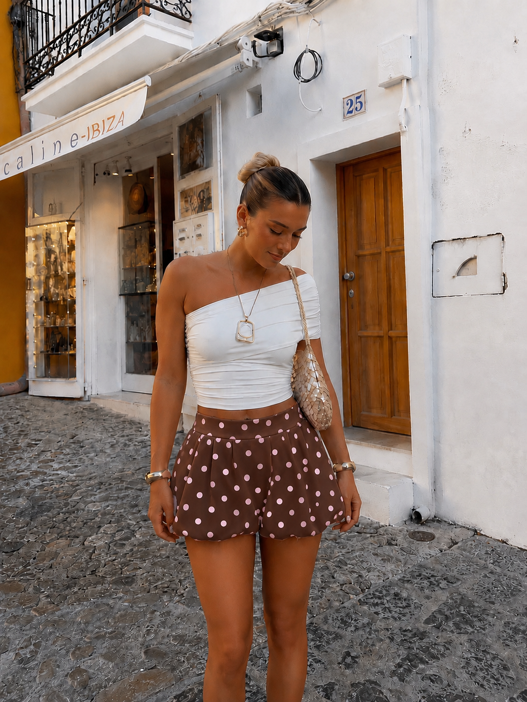 Polka dots summer short brown pink