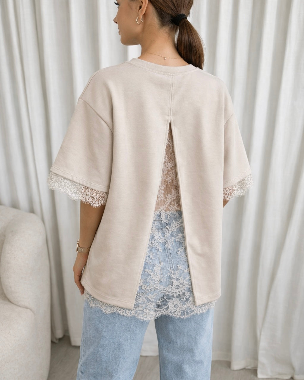 Lace shortsleeve open back beige