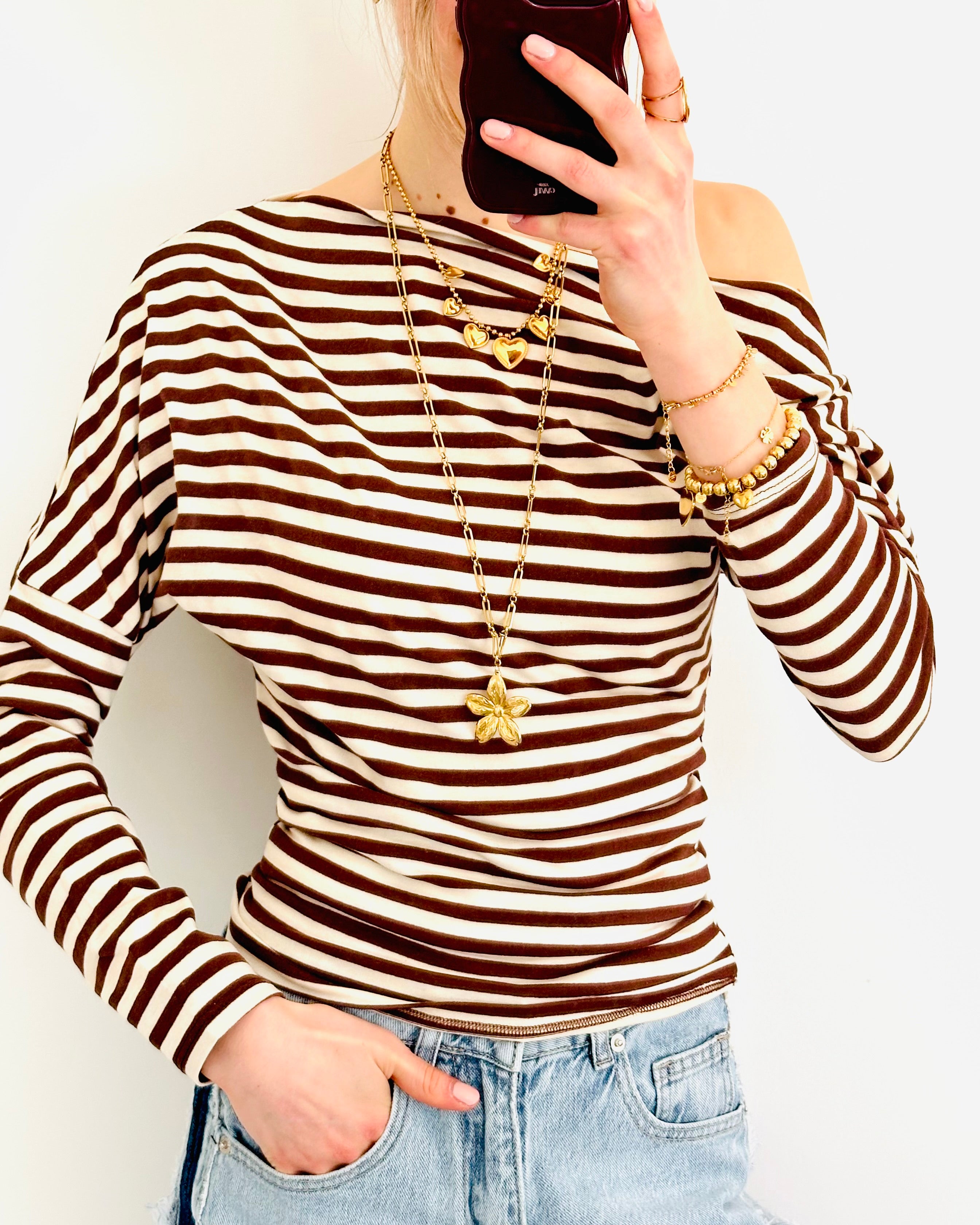 One shoulder striped top brown