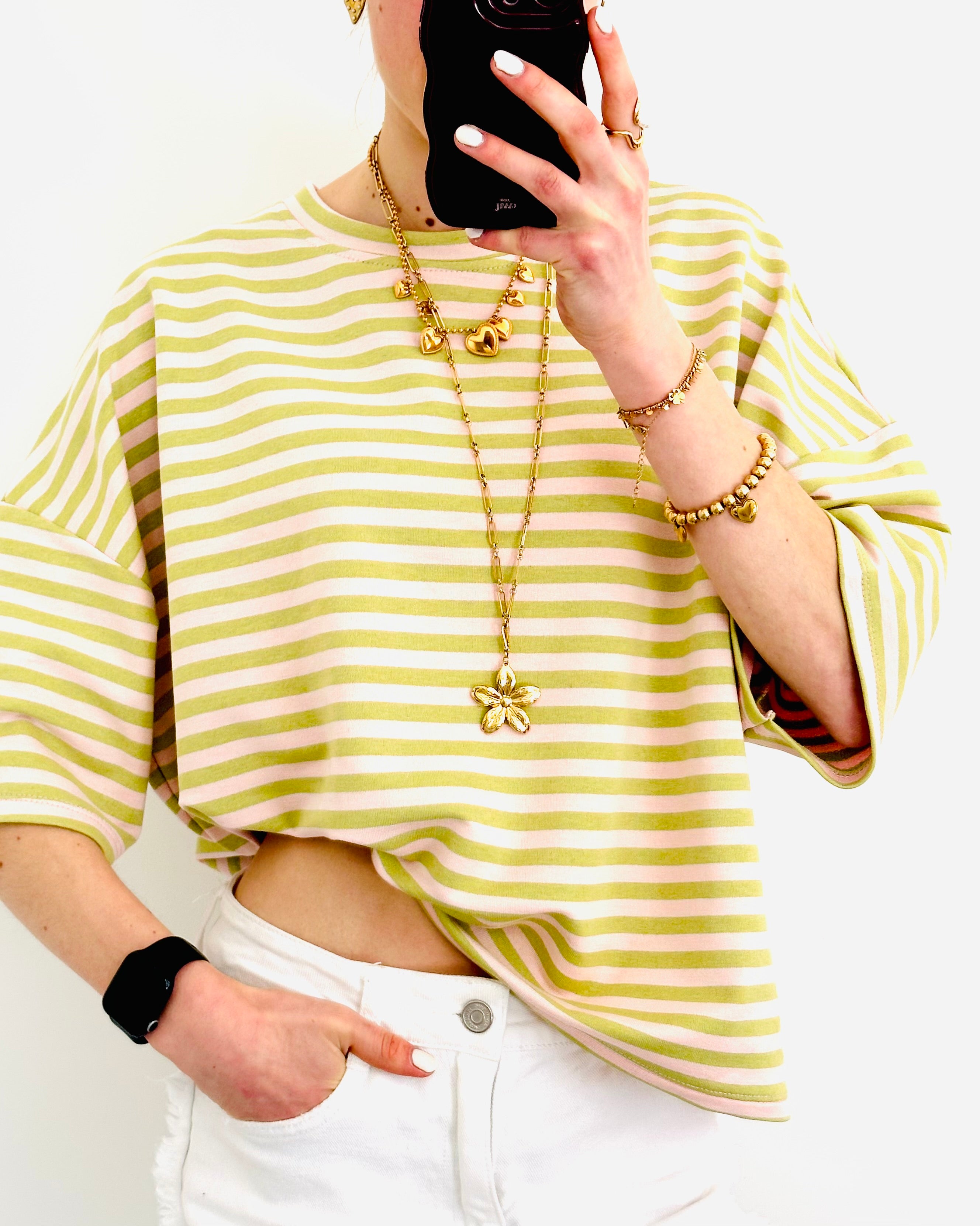 Casual stripe shortsleeve matcha pink