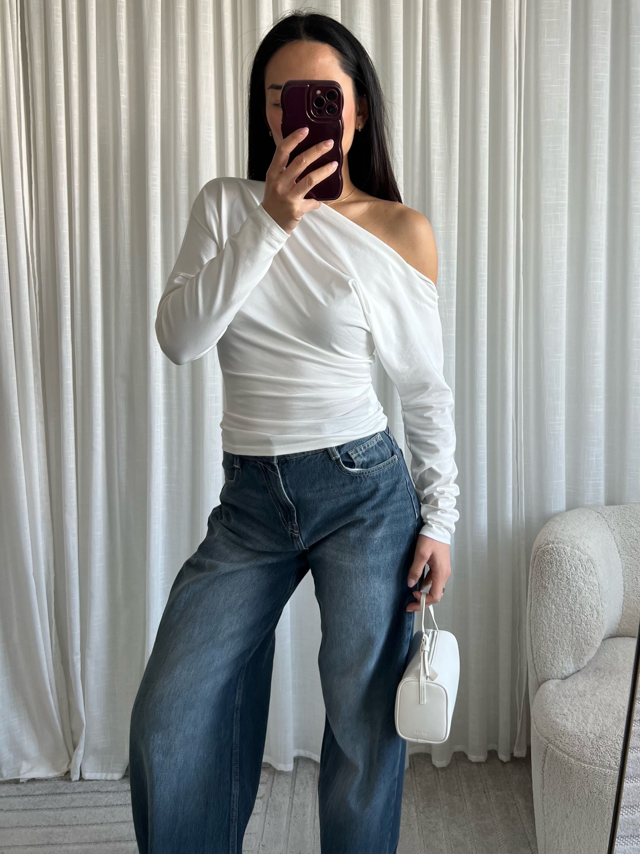 One shoulder top white