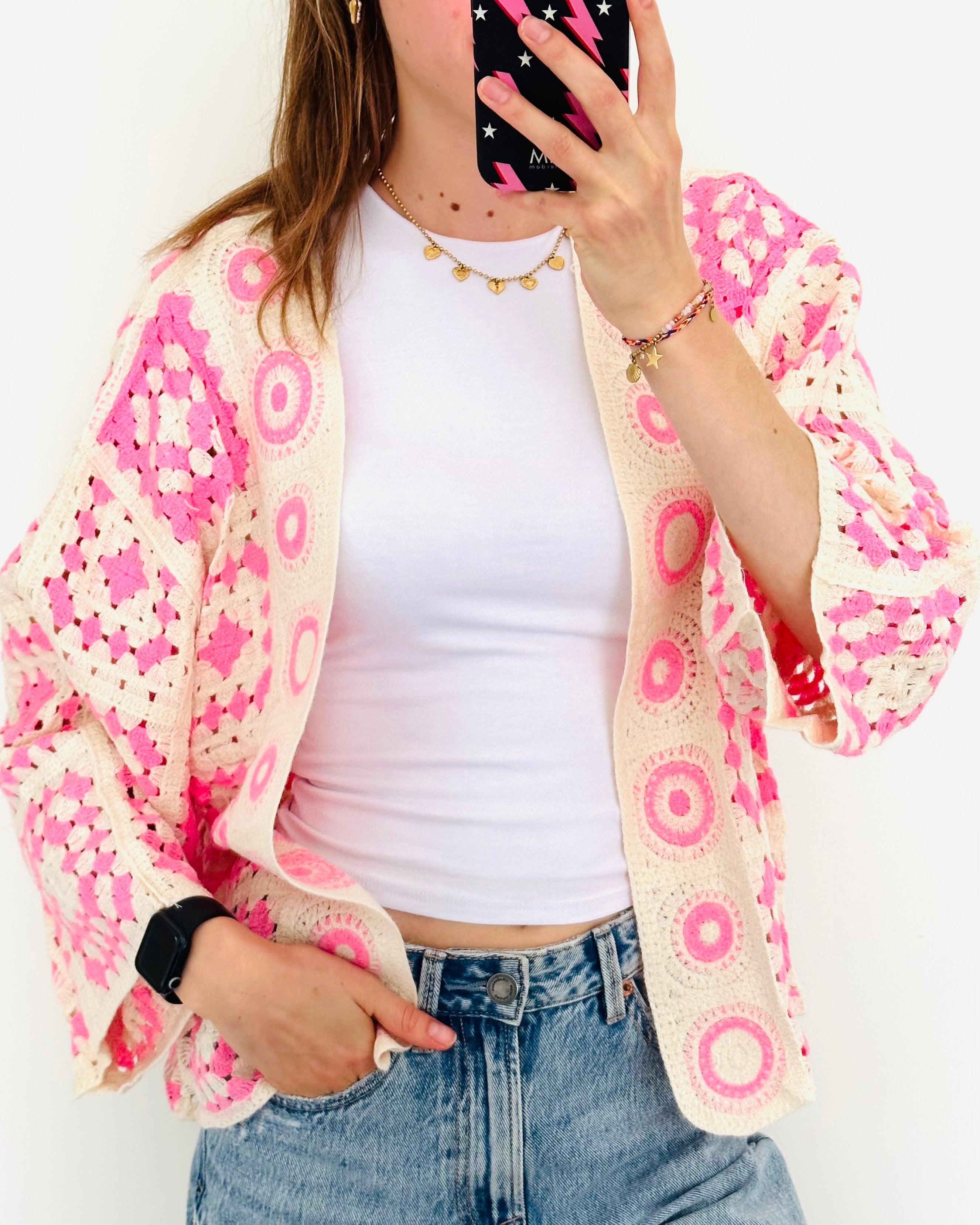Boho vest pastel roze cream