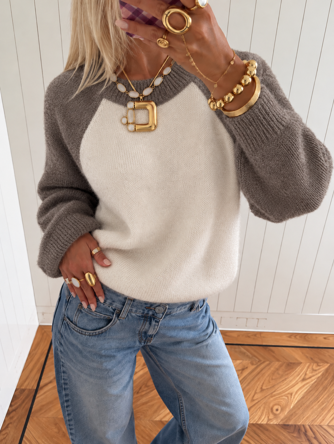 Double striped trui off white taupe